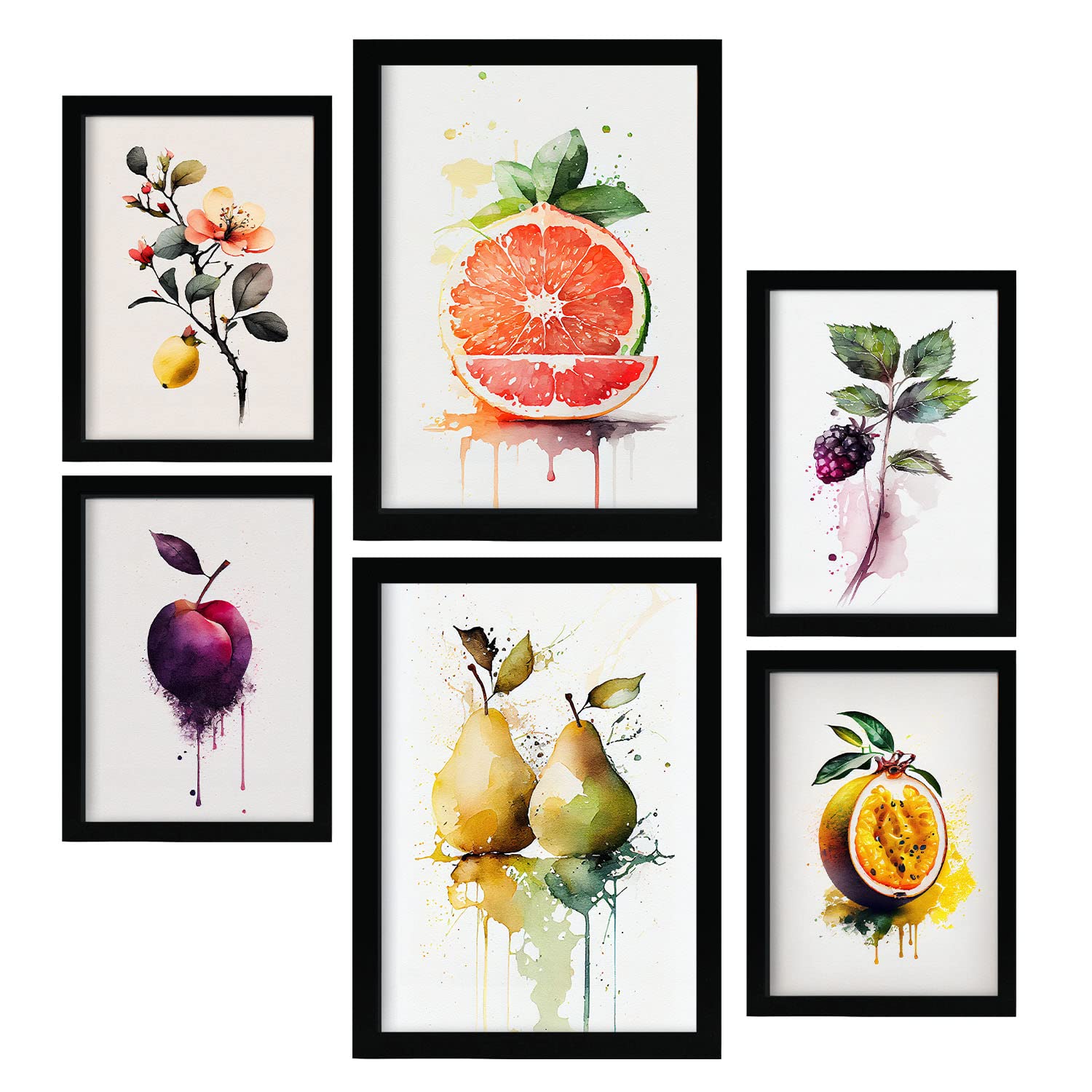 Nacnic posters de frutas jugosas ilustraciones de frutas verduras y alimentos saludables estilo acuarela en fondo blanco a4 & a3 marco negro