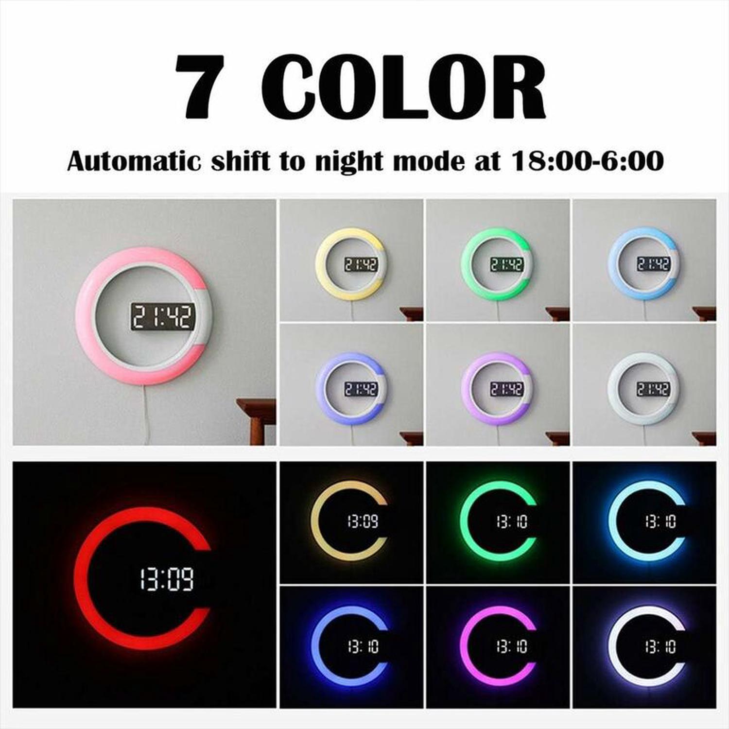 Horloge murale à LED, télécommande créative, horloge numérique, miroir creux, alarme de température, 7 couleurs changeantes, veilleuse pour la maison - 3