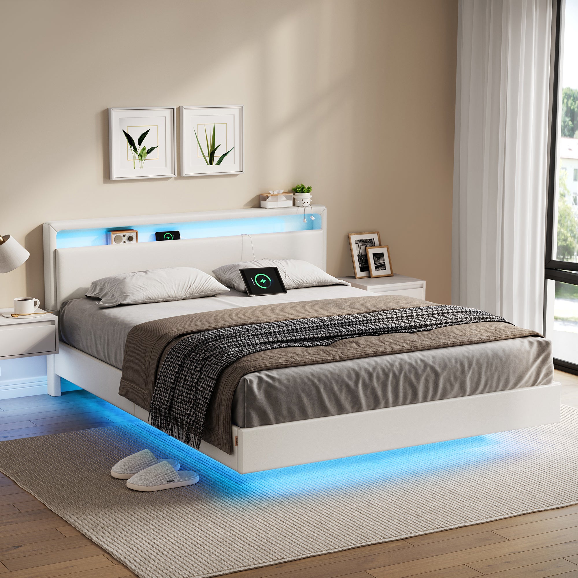 Lit Double, Cadre de Lit, 160 x 200 cm, Lit Flottant, Lit avec Éclairage LED, Tête de Lit Haute, Multiprise, Style Moderne, Blanc Nuage - 2