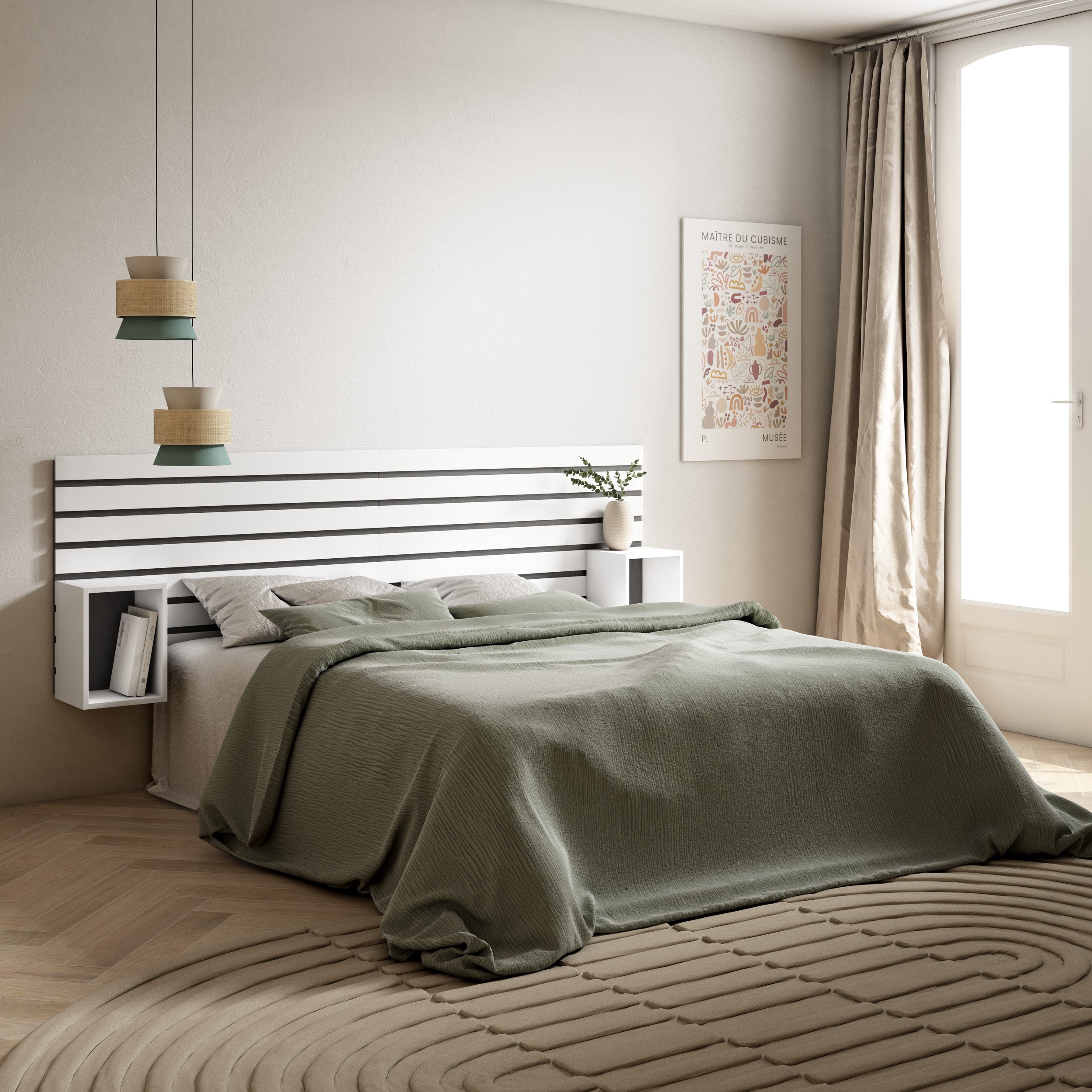 Amueblate Online, Cabecero con mesitas, Listones Decorativos, 214x70x3 cm, Cama de 135,140,150,160 cm, Con almacenamiento, Blanco - 2