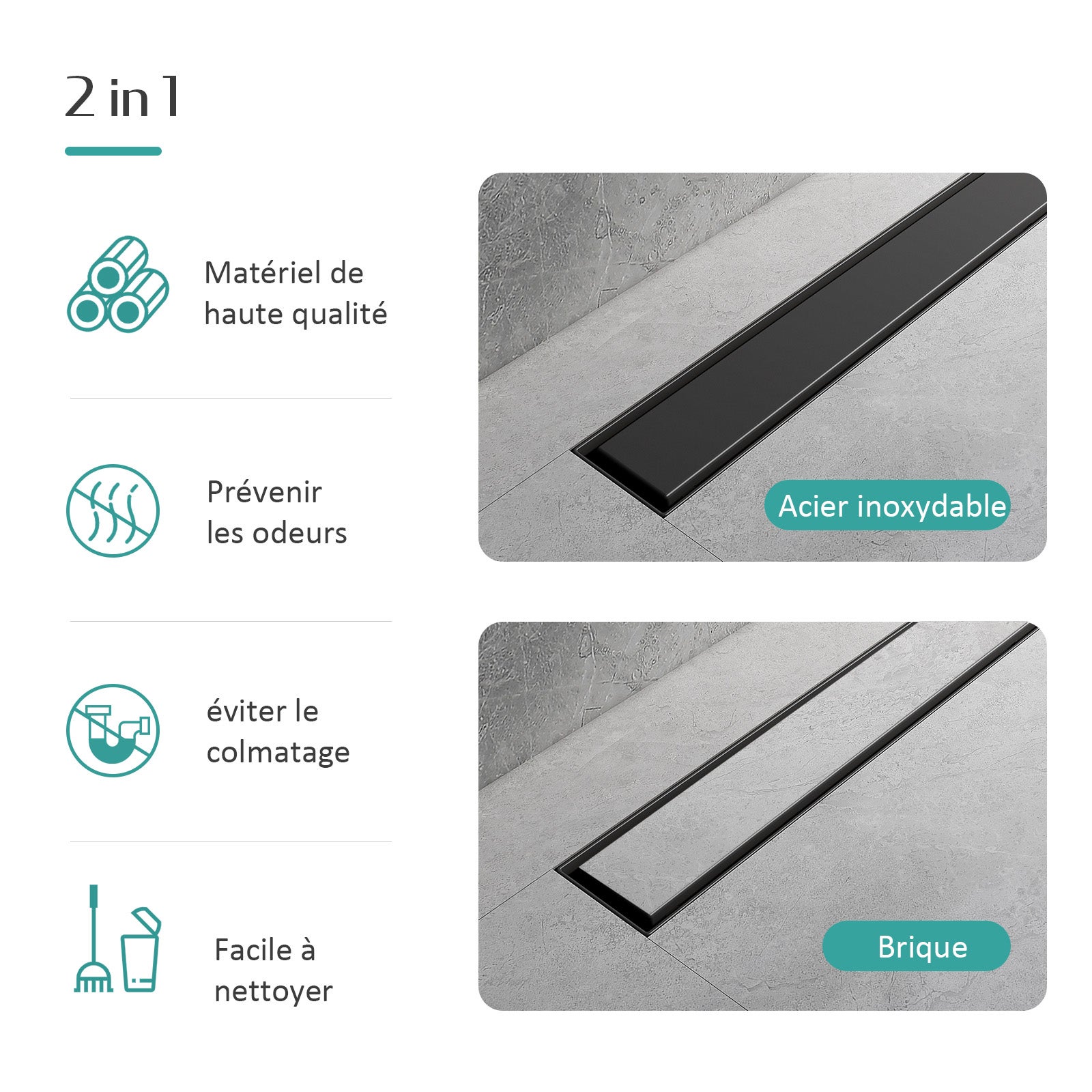 EMKE Caniveau de douche noir 60 cm en acier inoxydable, kit d’évacuation ultra-fin avec siphon anti-odeurs et filtre à cheveux – évacuation latérale - 2