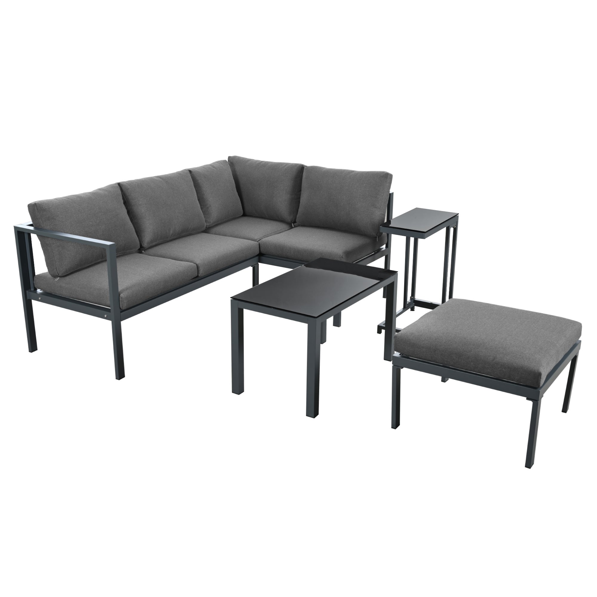 Salón de jardín en aluminio - 2 sofás, 1 taburete y 2 mesas bajas - con todos los cojines - Gris - 4