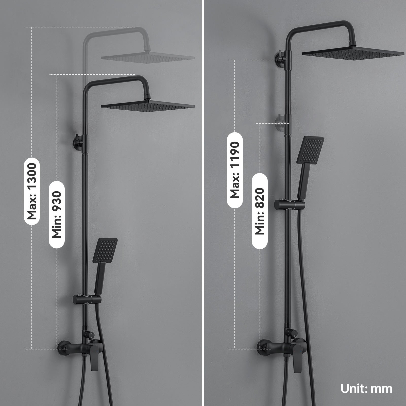 AURALUM MAX Colonne de Douche Noir 2 Fonctions Ensemble de Douche en Laiton avec Douchette de tête Carré, Haute Réglable 93-130 cm - 7