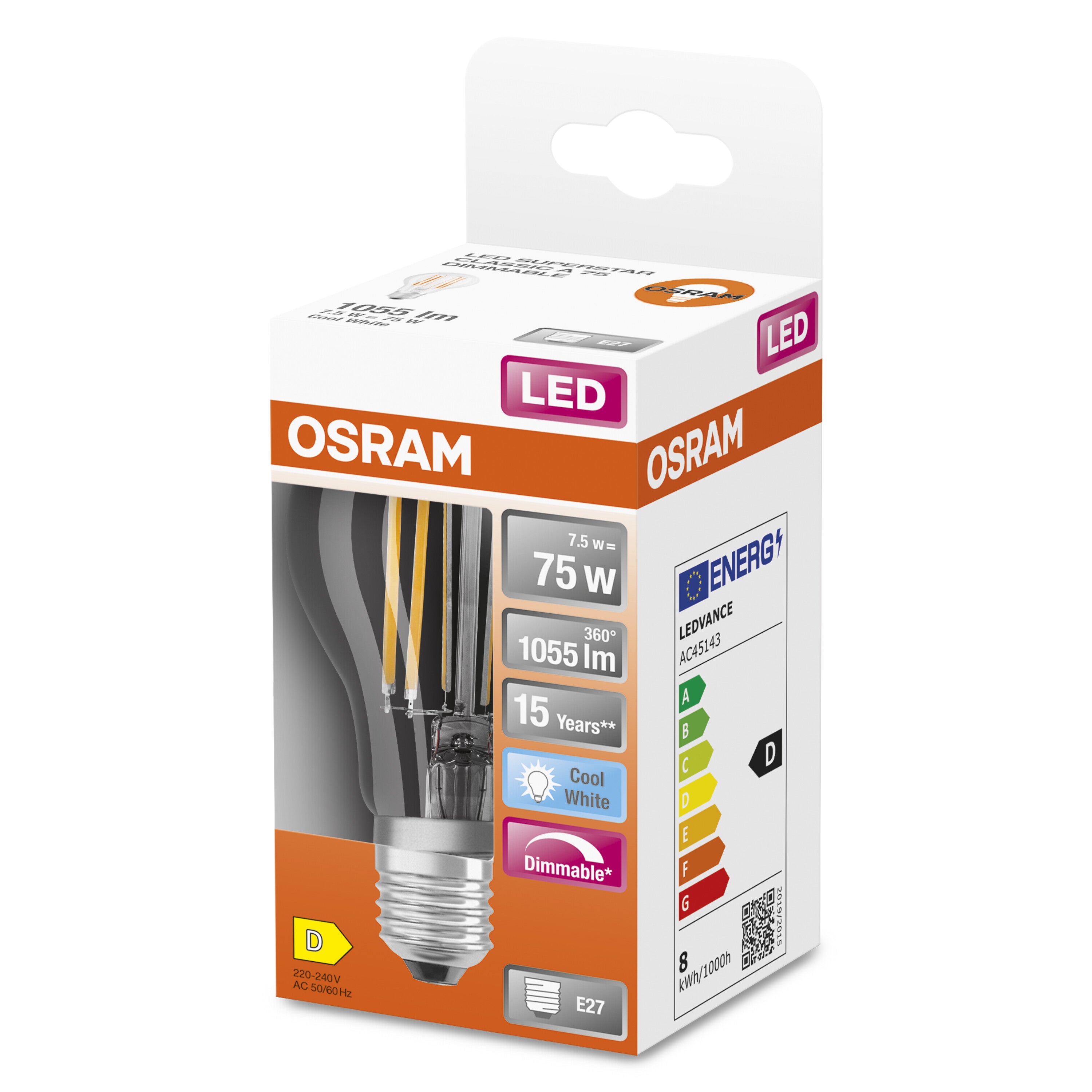 OSRAM Ampoule LED - E27 - Cool White - 4000 K - 9 W - remplacement pour 75-W-Incandescent bulb - clair - LED Retrofit CLASSIC A DIM - 2