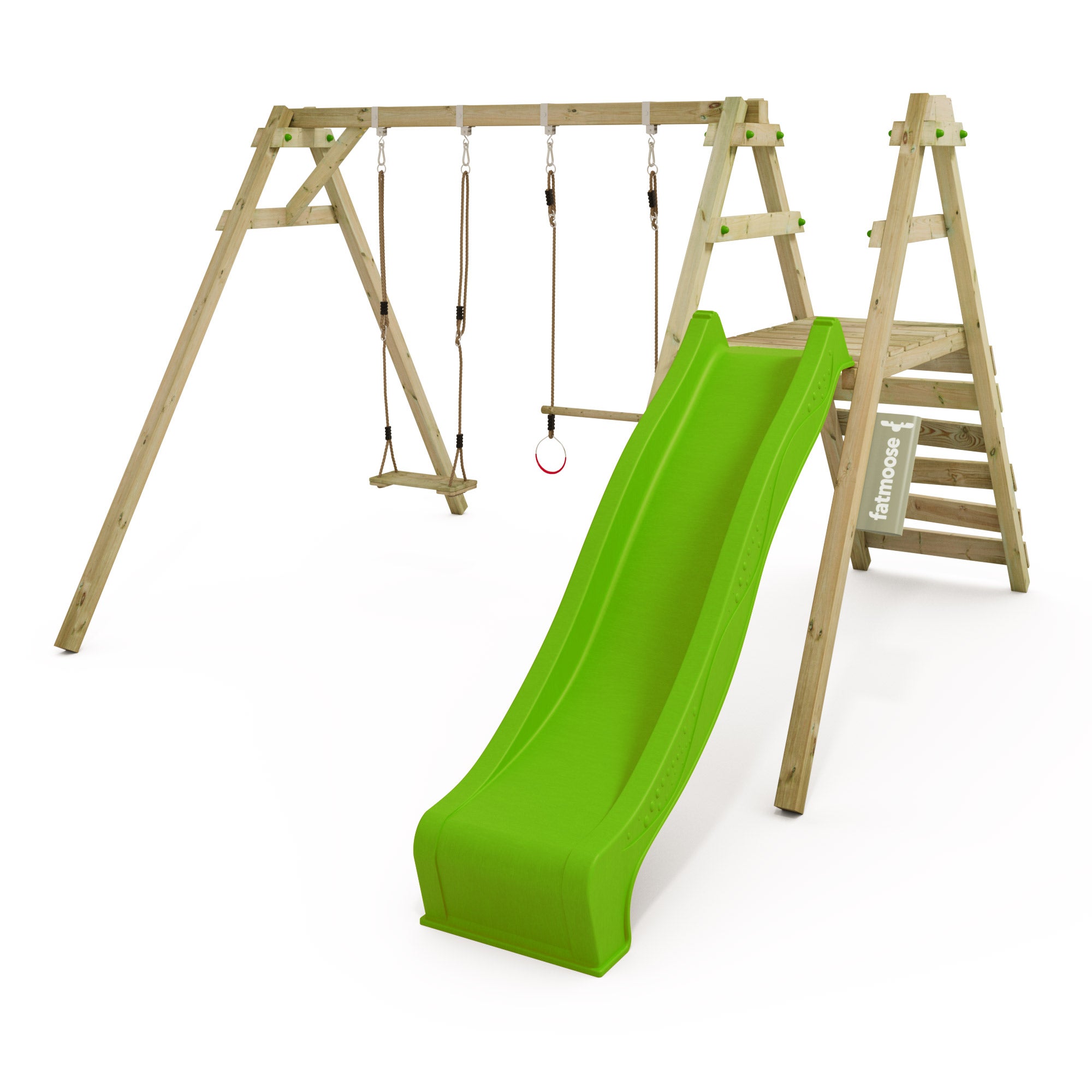 FATMOOSE Aire de jeux KiwiKey Kick XXL avec balançoire double et toboggan vague vert sauge en bois massif 10 ans garantie* | Leroy Merlin