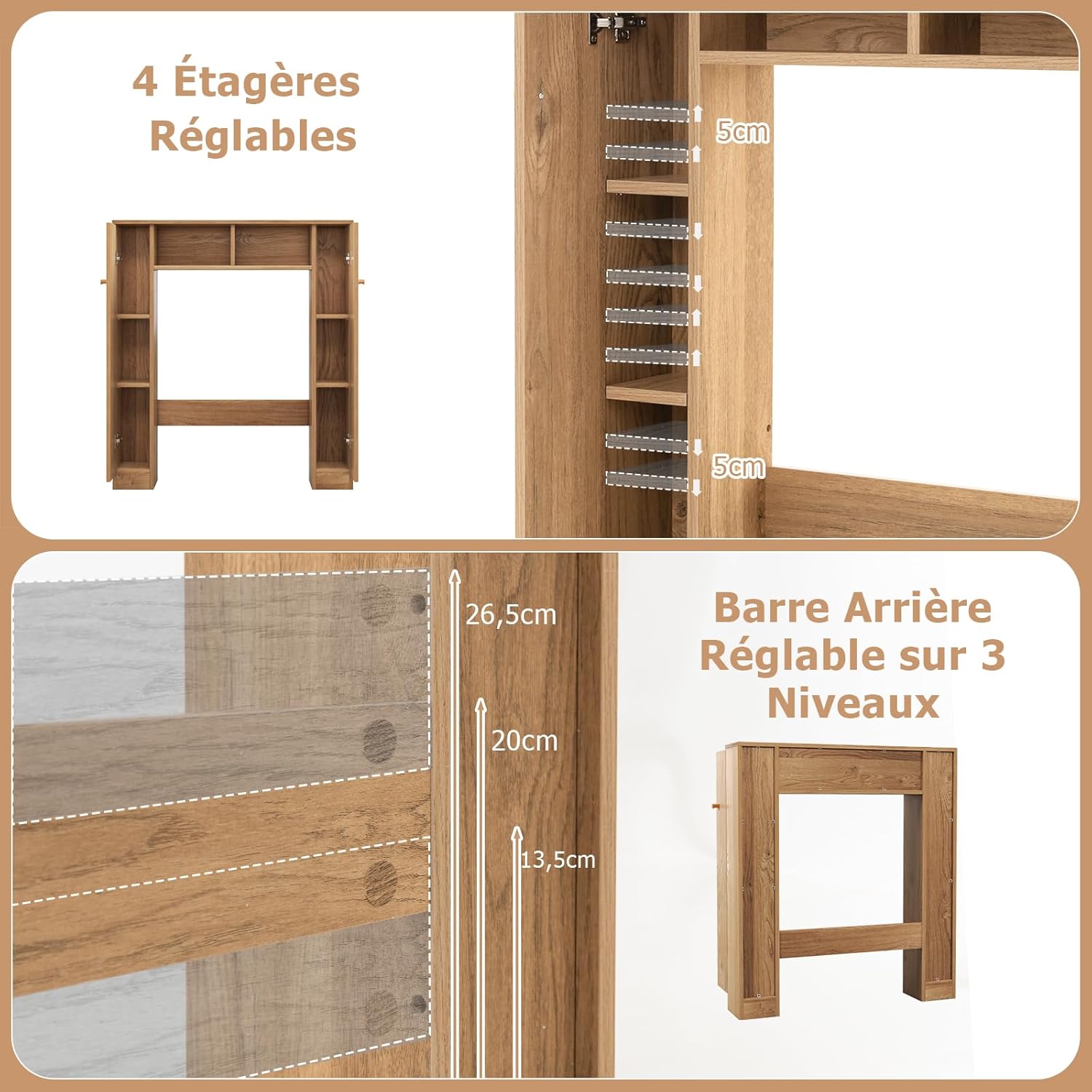 Meuble WC Étagère 87,5 x 18 x 98 cm au-Dessus des Toilettes, Meuble Salle de Bain avec Doubles Portes & 4 Étagères Réglables, Naturel - 3