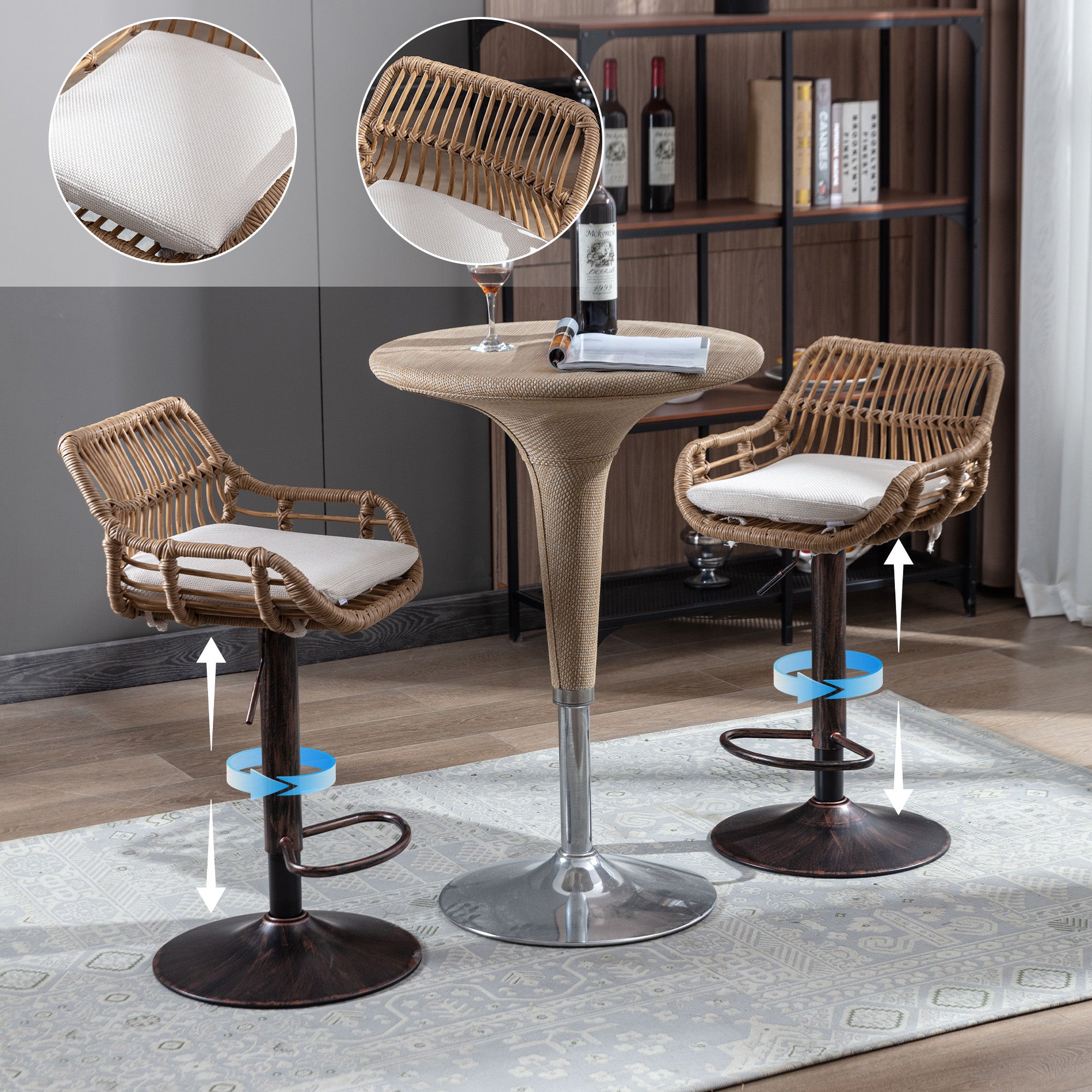 Lot de 2 Tabourets de Bar Rotin Beige Pivotants 360° - 39x38x109 cm, Hauteur Réglable 65-85 cm, Chaise de bar avec Pieds Métal Doré, pour Cuisine - 2