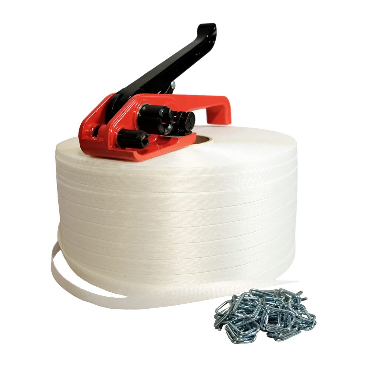 TECPLAST Kit Feuillard Fil à Fil 16 Mm X 850 M + 250 Boucles + Tendeur - Résistance 450 Kg