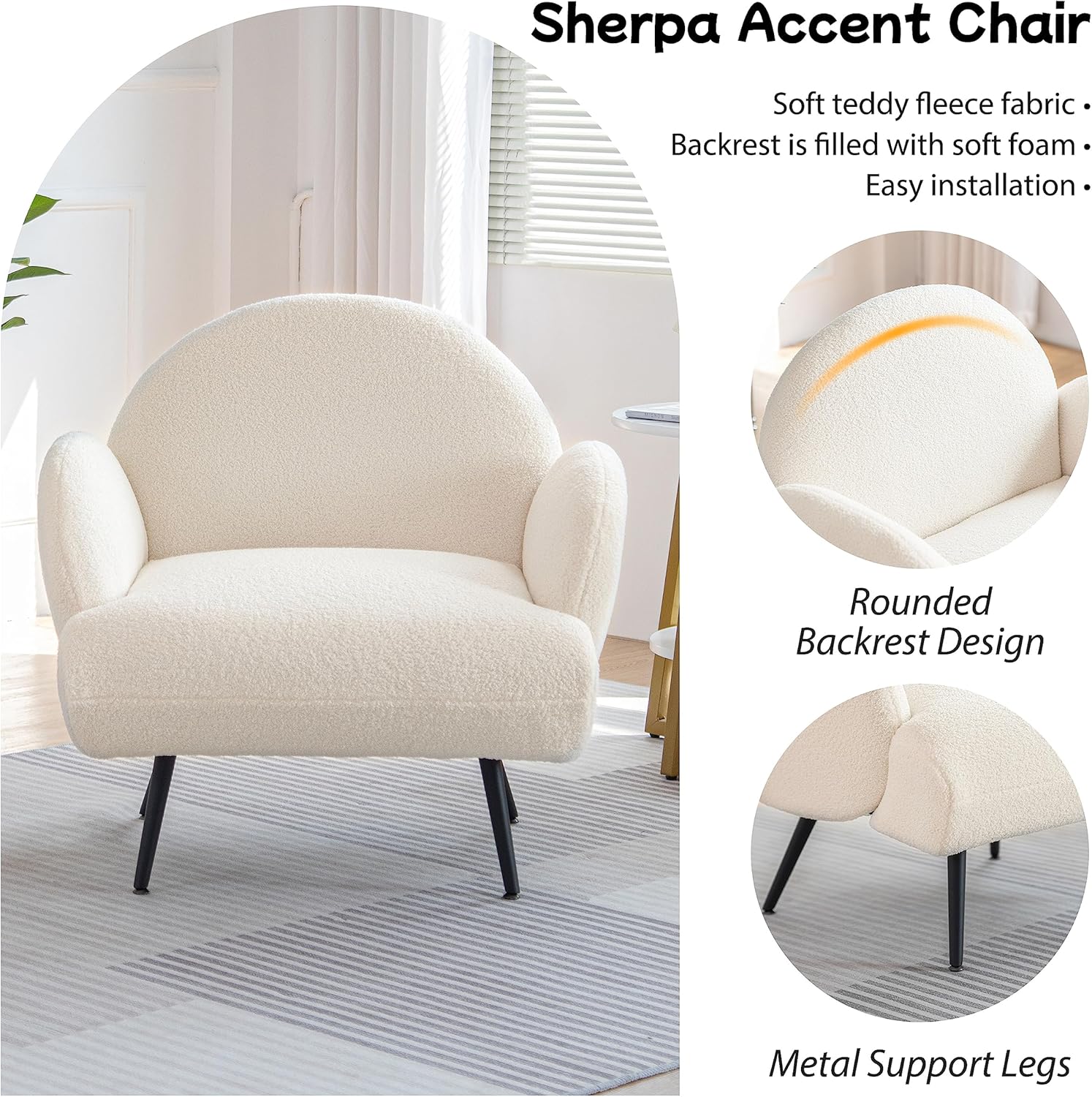 Fauteuil Moderne Décontracté avec Pieds en Métal Noir et Dossier Fauteuil Simple Confortable pour Salon/Chambre/Club, Blanc - 5