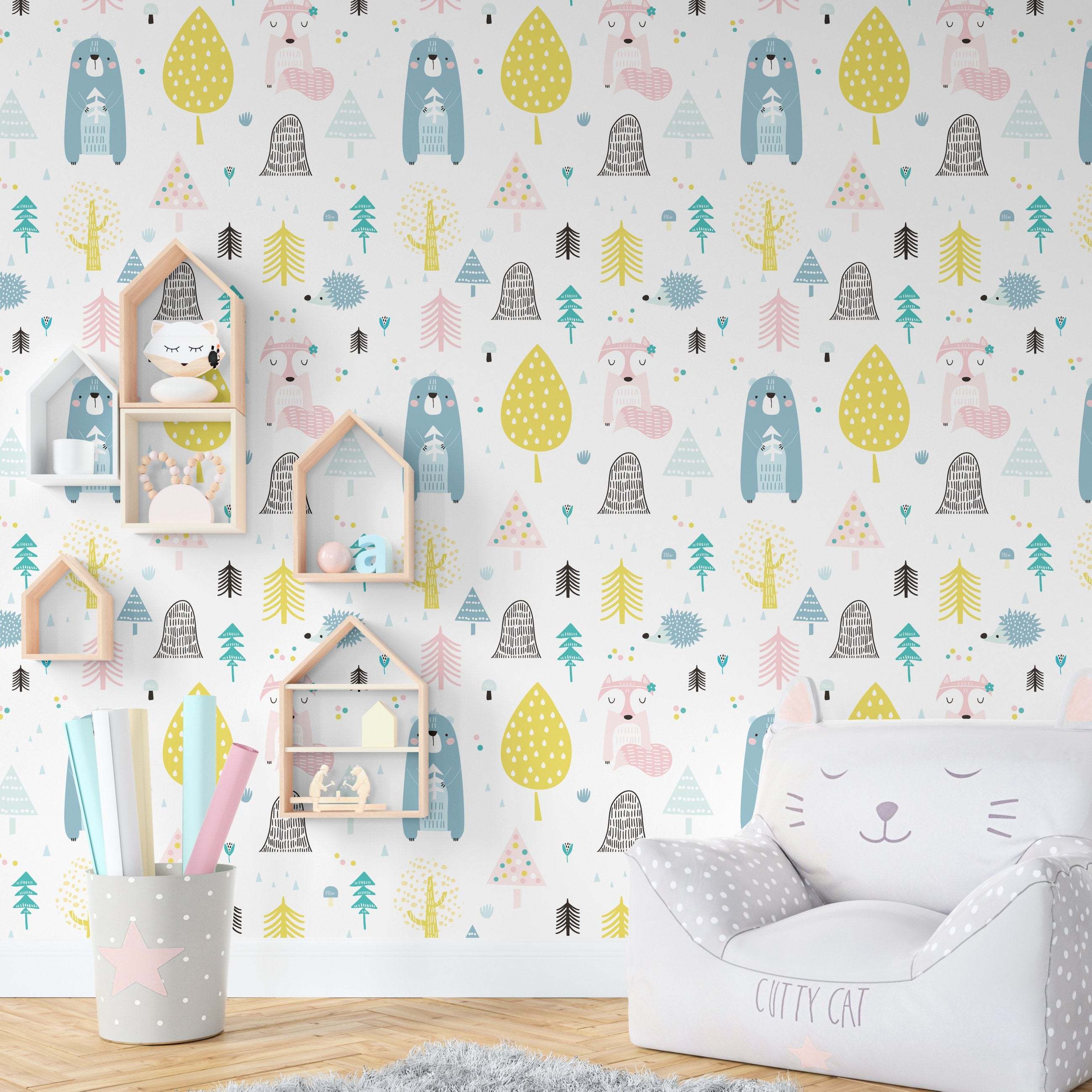 Papel pintado animales del bosque azul rosa y amarillo lavable y removible - 1 rollo 50x300 cm - decochic
