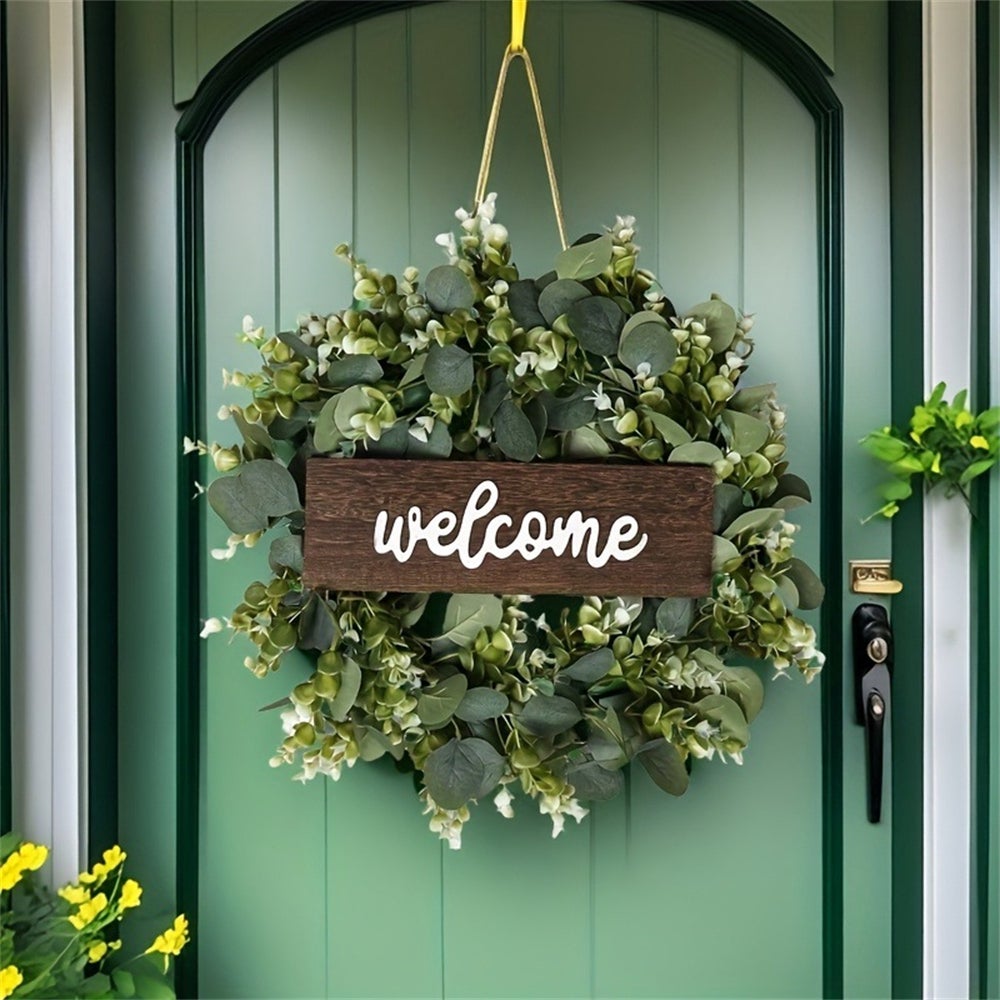 Couronne d'eucalyptus de bienvenue, couronne de fleurs artificielles en feuilles d'eucalyptus, porte d'entrée, fenêtre, décoration de jardin - 3