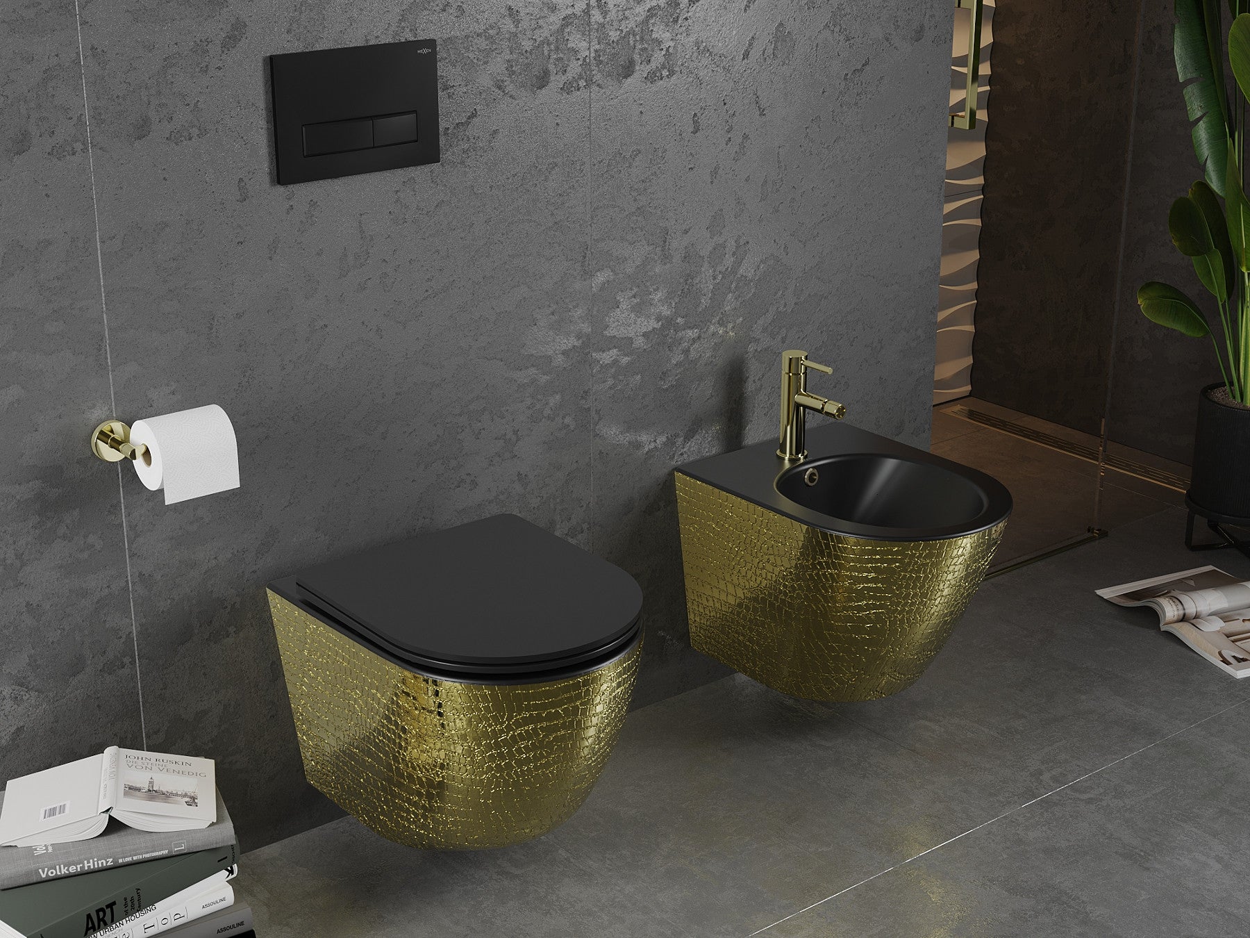 Mexen Lena bidet wiszący, czarny mat/złoty wzór łuski - 35224878 - 2