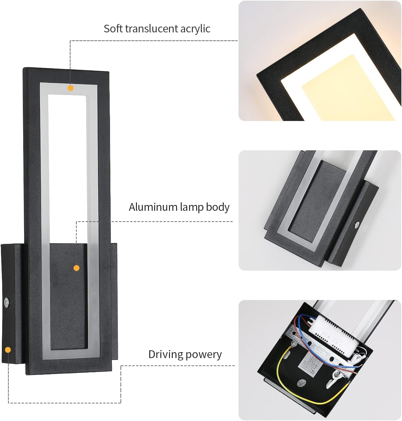 GOECO Applique murale LED d'intérieur, 16W Applique murale moderne en acrylique, Applique murale noire d'intérieur pour le salon, Blanc chaud 3000K - 6