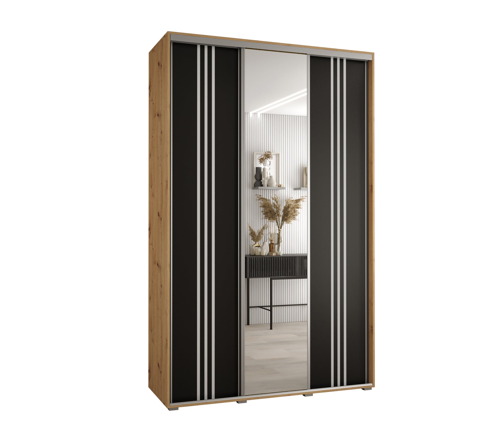 Szafa przesuwna z lustrem wysoka Davos 7 150 x 45 x 235,2 cm artisan + czarmy + u. srebrny - Abiks Meble