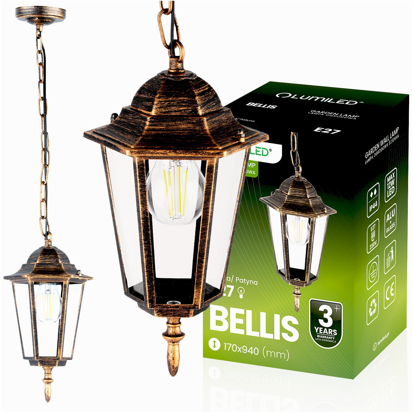 Lampa Ogrodowa Lumiled Wisząca Zewnętrzna E27 Latarnia Patyna 1 szt.