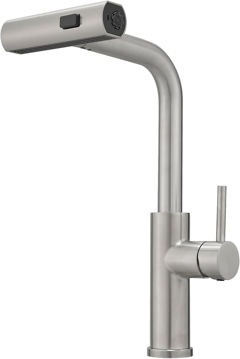 Bateria kuchenna z wyciąganą wylewką, bateria wodospadowa, stal nierdzewna, jednouchwytowa, 3 funkcje, szczotkowane srebro