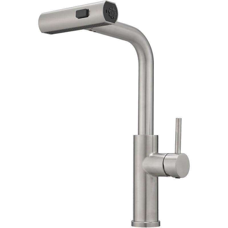 Bateria kuchenna z wyciąganą wylewką, bateria wodospadowa, stal nierdzewna, jednouchwytowa, 3 funkcje, szczotkowane srebro