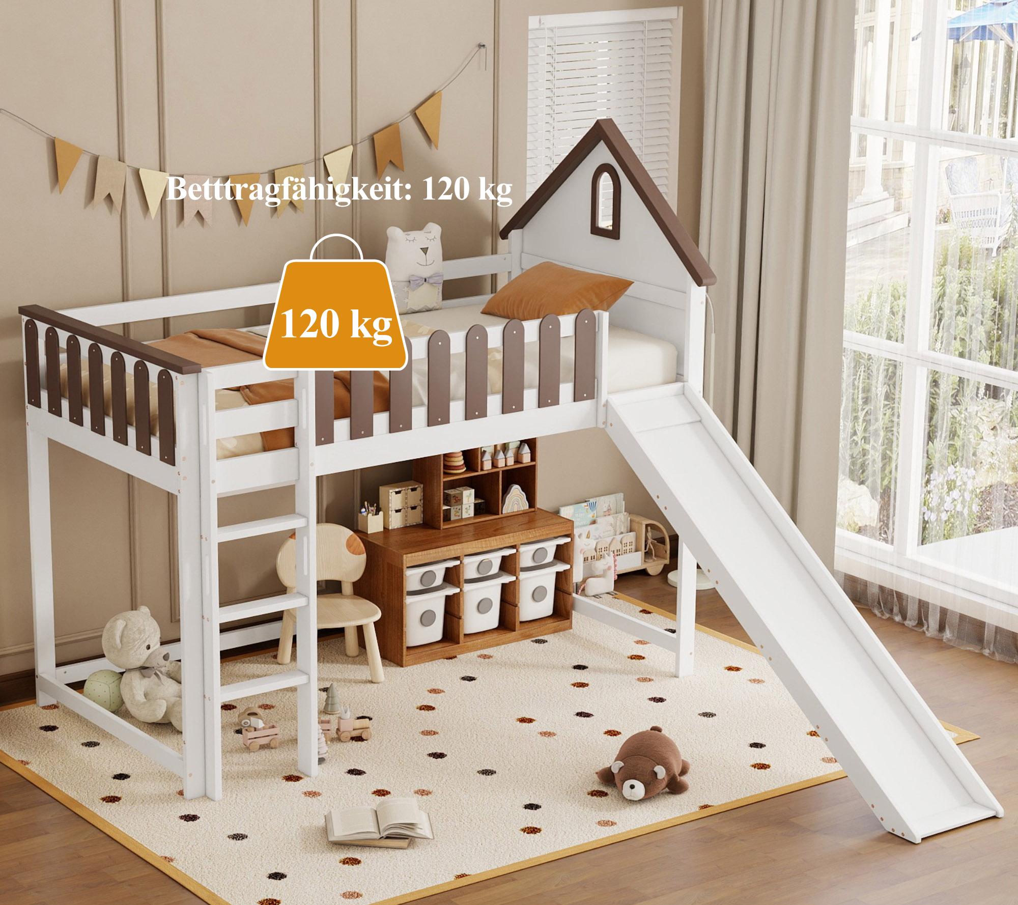 Lit mezzanine 90x200 cm avec échelle et toboggan - en bois de pin et MDF - Blanc & Marron - 3