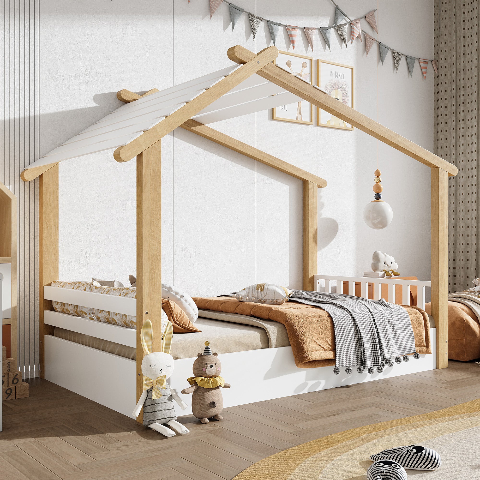 Łóżko dla dzieci 90x190 cm - Poduszka z wielowarstwowej płyty - Konstrukcja z sosny - Aglomerat i MDF - Design chaletowy - Biały + Naturalny - FSC