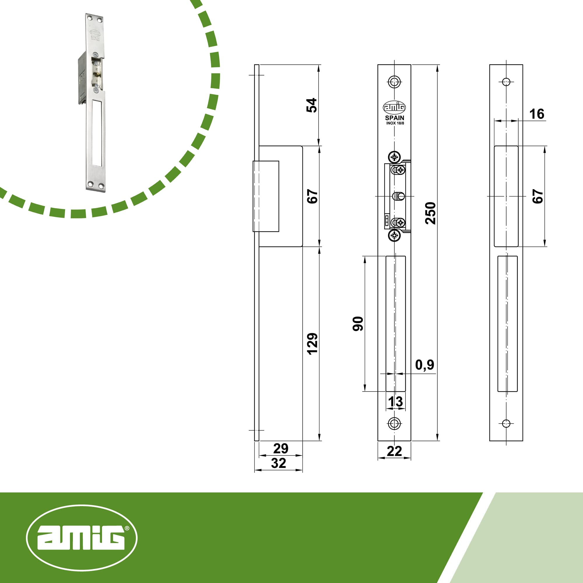 Amig - Abrepuertas Eléctrico de Embutir para Puertas | Mod.20 | 250 x 25 x 3 mm | Amperaje: 1,1 A | Incluye Bobina de 8-12 V de Corriente Alterna | Ce | Leroy Merlin