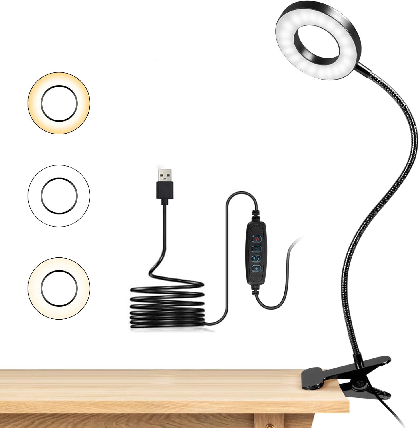 Lampa Biurkowa z Klipsem LED Elastyczna Lampa do Czytania z Klipsem Tryby Oświetlenia i Poziomów Jasności LED USB do Nauki i Pracy Czarna