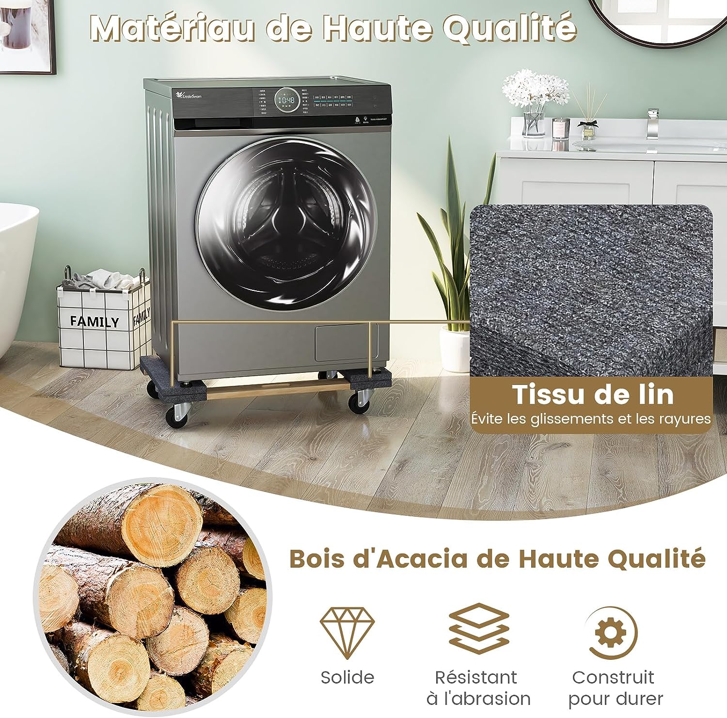 Base con Ruote in Legno di Acacia, Carrello a Pianale con Maniglia per Trasporto, concon Capacità di Carico di 450 kg, 77 x 47 cm - 5