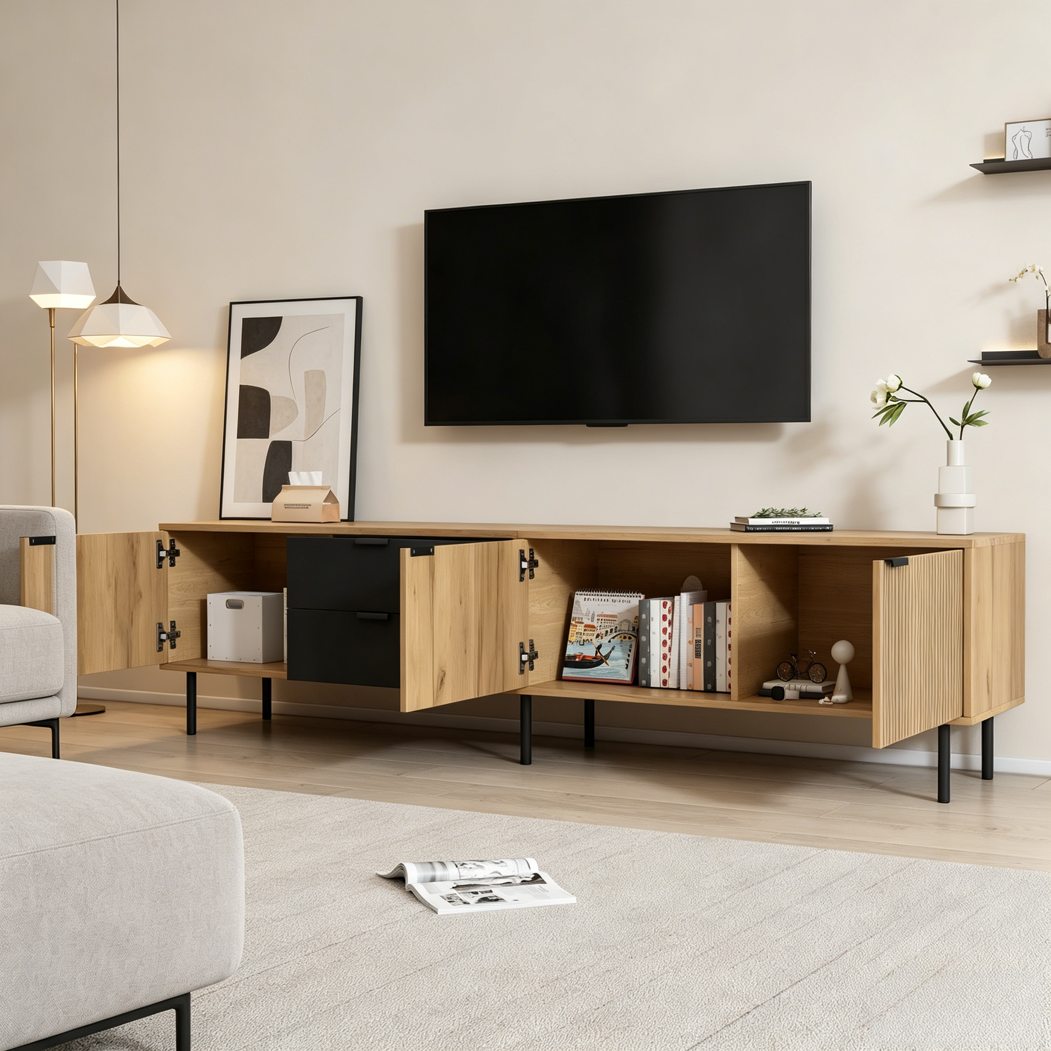 Stolik pod TV z 3 drzwiami i 2 szufladami - 208 x 40 x 48 cm - Płyta wiórowa i metalowe nogi - Kolor czarny z efektem drewna - 6