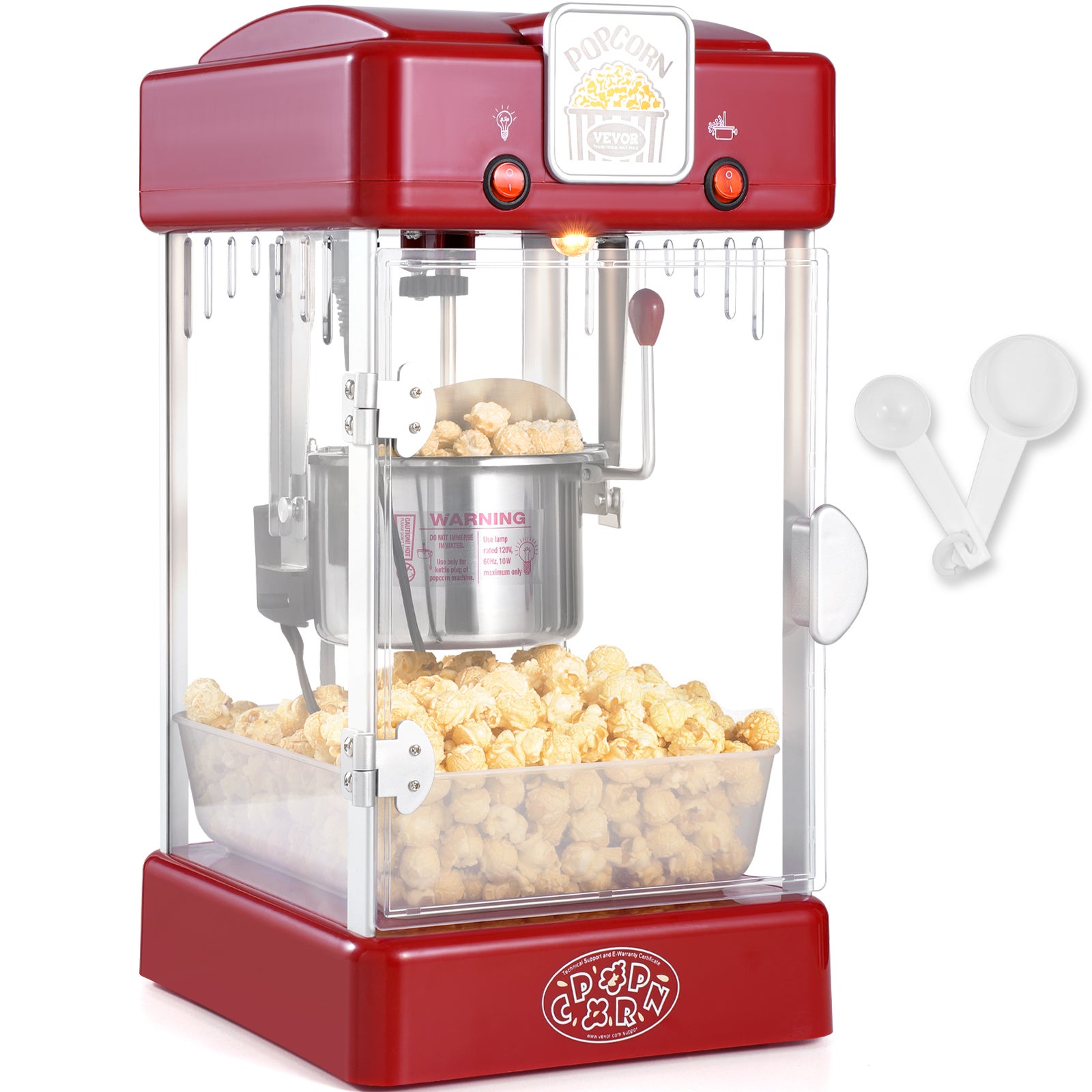 Maszyna do Popcornu VEVOR 300 W, Garnek 71 g / 3,8 L, Drzwi PP, 2 Łyżki i Taca, Styl Kino, Czerwona