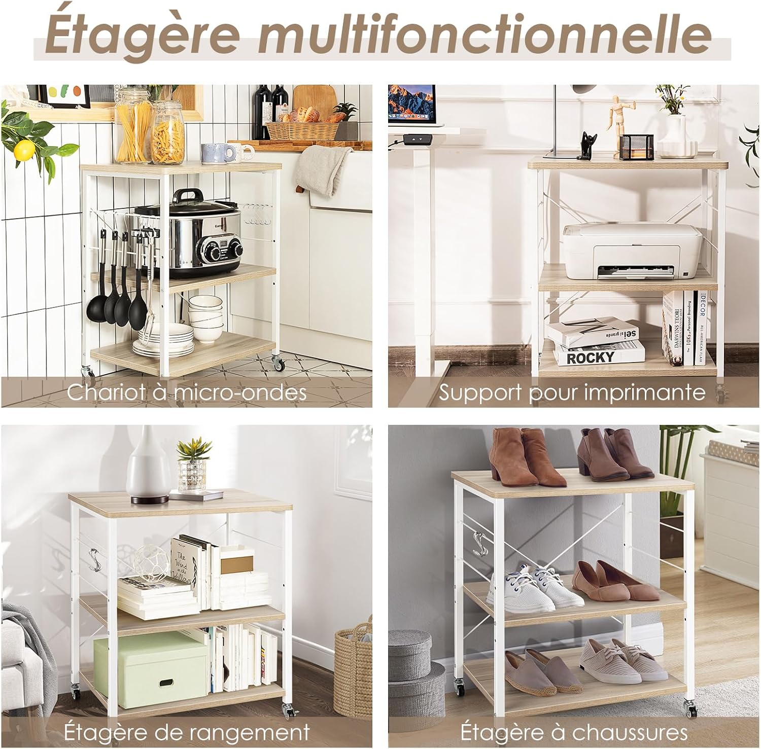 Desserte, Chariot de Service à Roulette, avec 10 Crochets Amovibles, Desserte de Cuisine à 3 Tablettes, Cadre Métallique (Naturel) - 6