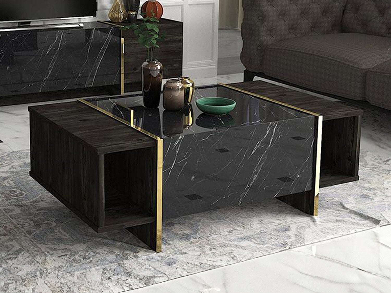 Stolik kawowy 1-drzwiowy z 2 półkami – efekt czarnego marmuru, ciemny naturalny i złoty – CADEBA