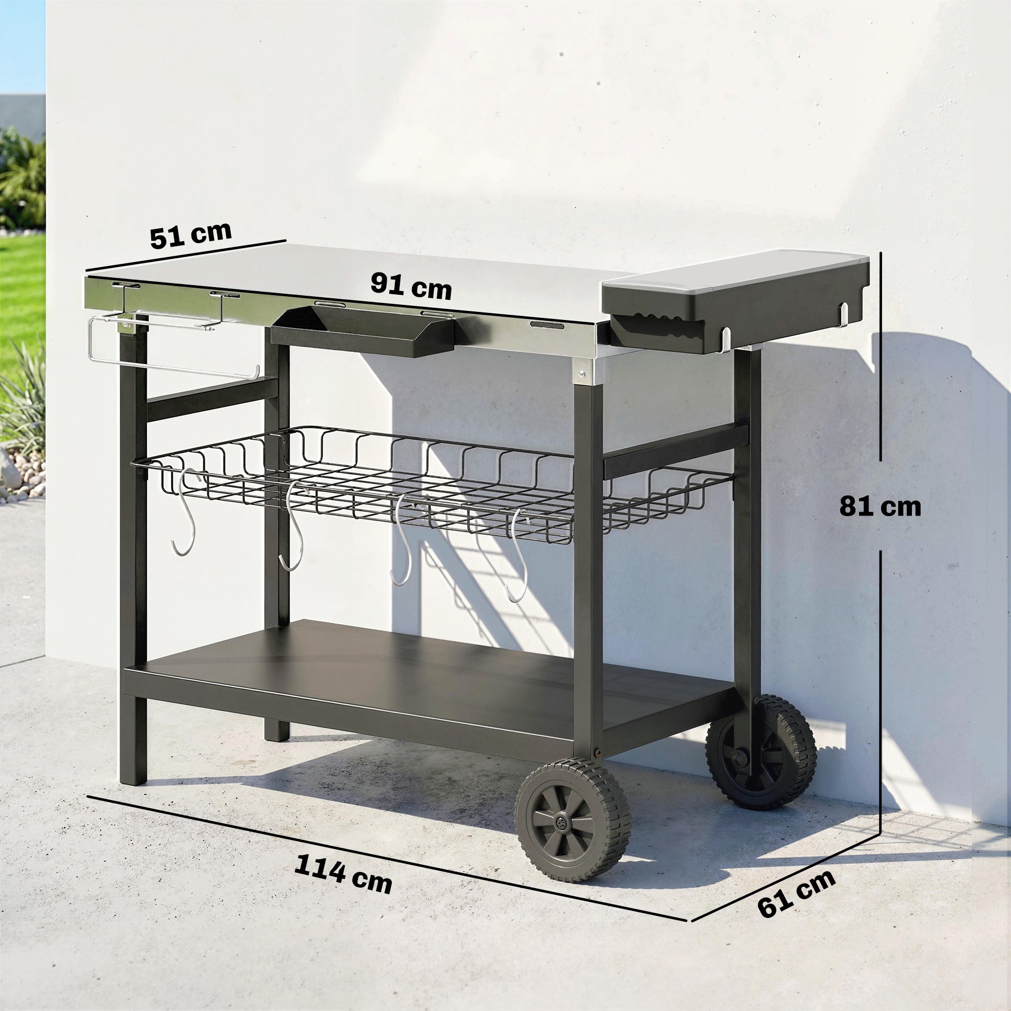Outsunny Carrello Barbecue da Esterno con Piano in Acciaio Inossidabile, Porta Spezie, Ganci e Maniglia Laterale, Nero - 3