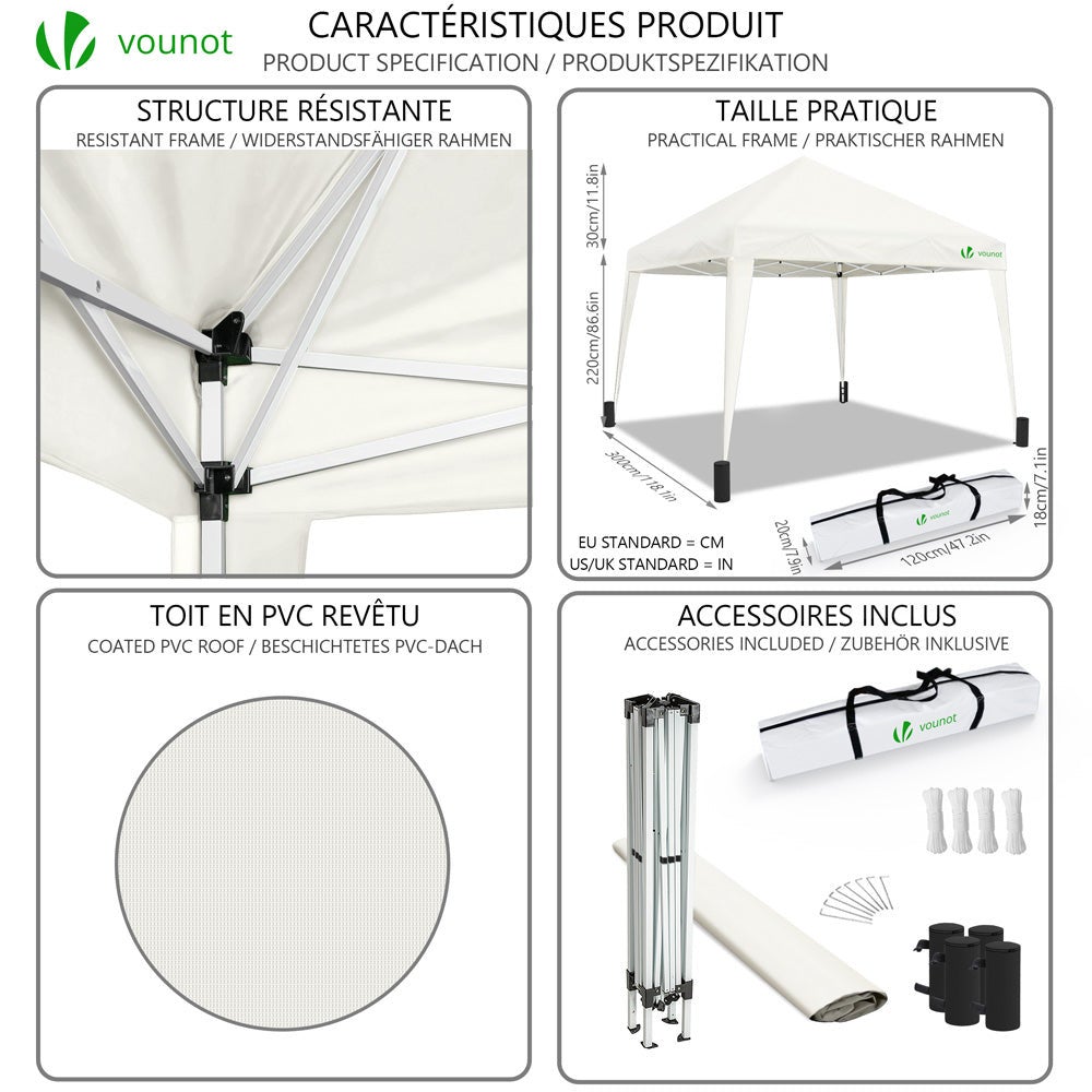 Tonnelle de jardin 3x3m pliable Blanche avec sac de transport VOUNOT® - 3