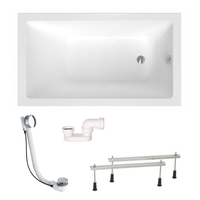 Aurum 150x80 cm, bañera rectangular de acrílico, izquierda y derecha, con patas + desagüe + sifón, blanco (SATVAUR150-SET)