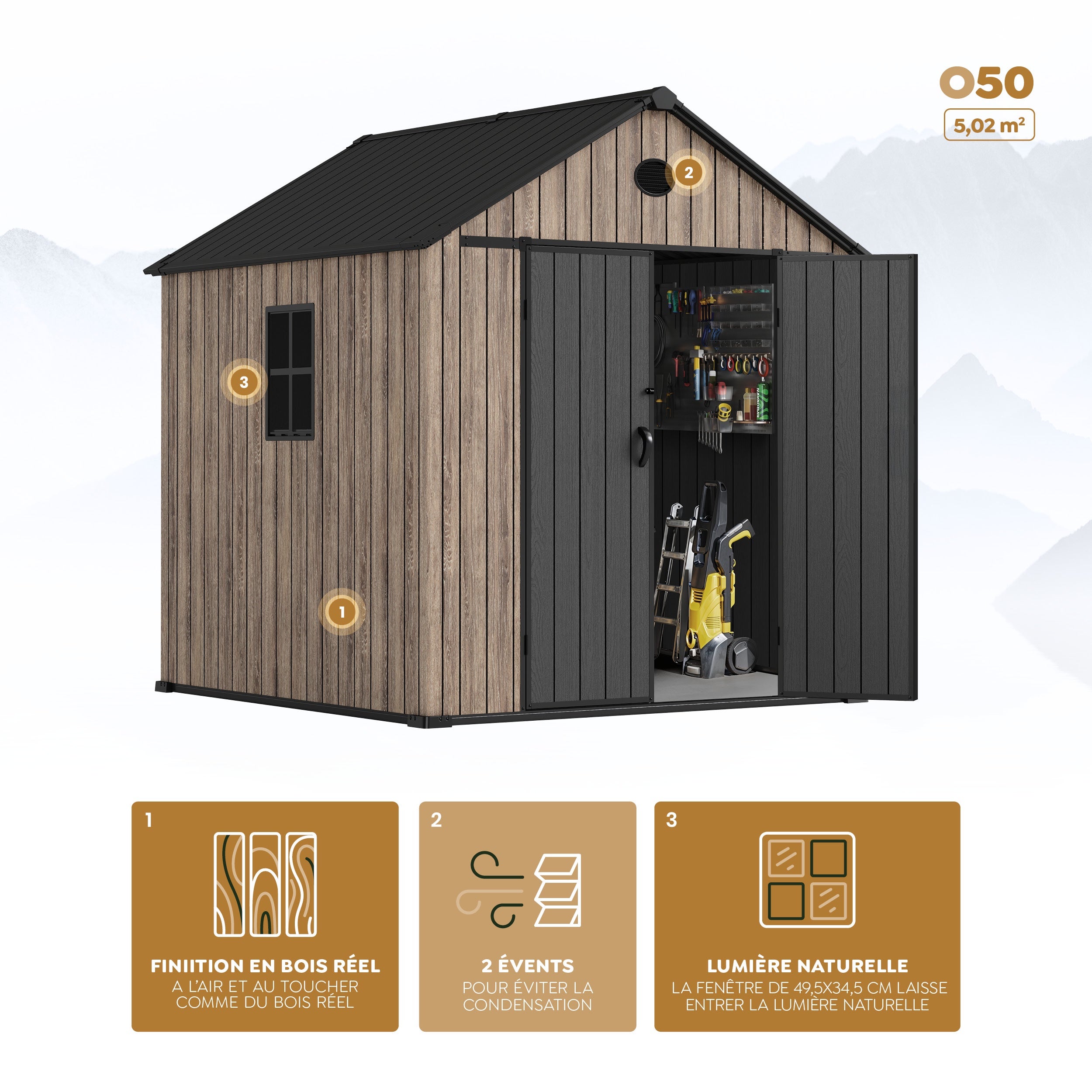 Abri de jardin en résine 5,02 m² Oak O50 – Plancher inclus – Fenêtre latérale – Effet bois premium – Double porte large - 3