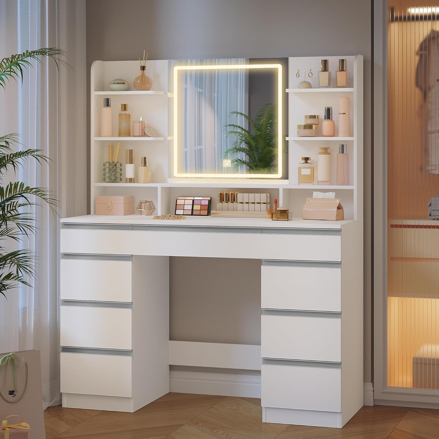 Grande Coiffeuse avec Éclairage LED, 3 Couleurs, Luminosité Réglable, Miroir, 9 Tiroirs, 9 Étagères Ouvertes, Blanc-Argent - 5