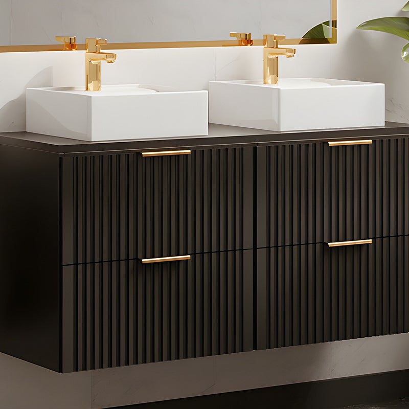 Szafka łazienkowa wisząca ryflowana z umywalką nablatową - Czarny - szer. 120 cm - ZEVARA