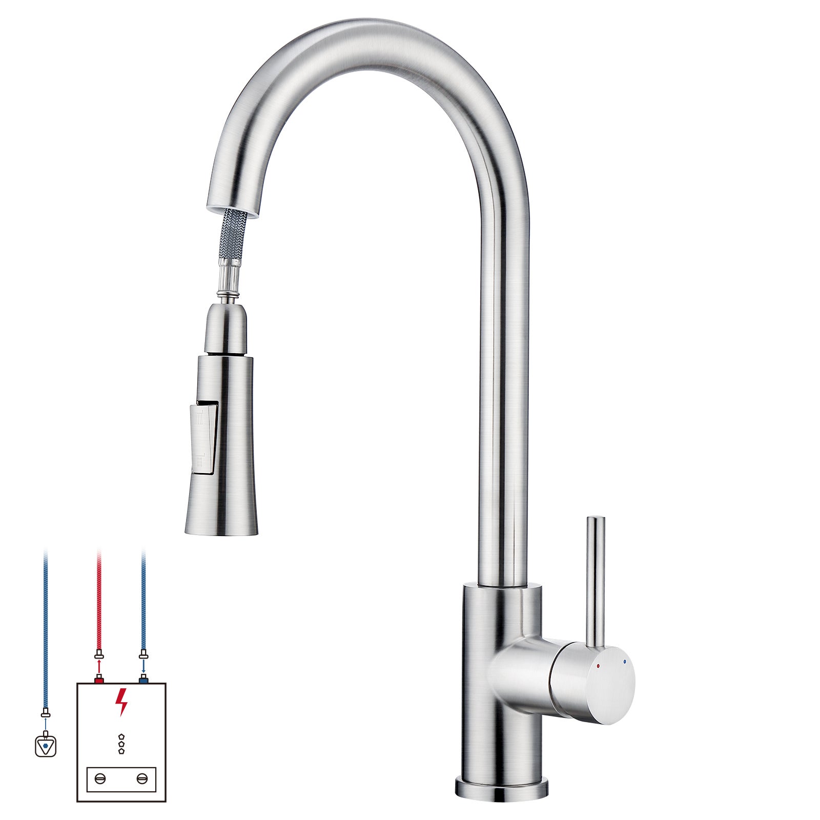 LOVHAUS Bateria kuchenna niskociśnieniowa, bateria bojlerowa 3-drożna, obrotowa 360° z wyciąganą wylewką prysznicową z prysznicem 2-funkcyjnym