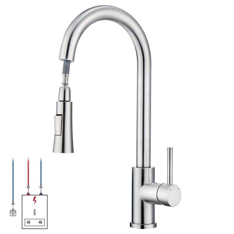 LOVHAUS Bateria kuchenna niskociśnieniowa, bateria bojlerowa 3-drożna, obrotowa 360° z wyciąganą wylewką prysznicową z prysznicem 2-funkcyjnym