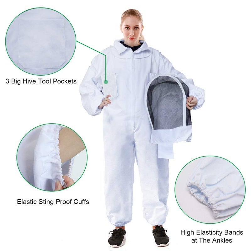 Combinaison anti-abeille épaisse blanche, gants en peau de mouton, combinaison d'abeille fendue une pièce pour abeilles, XL, combinaison d'apiculture - 2