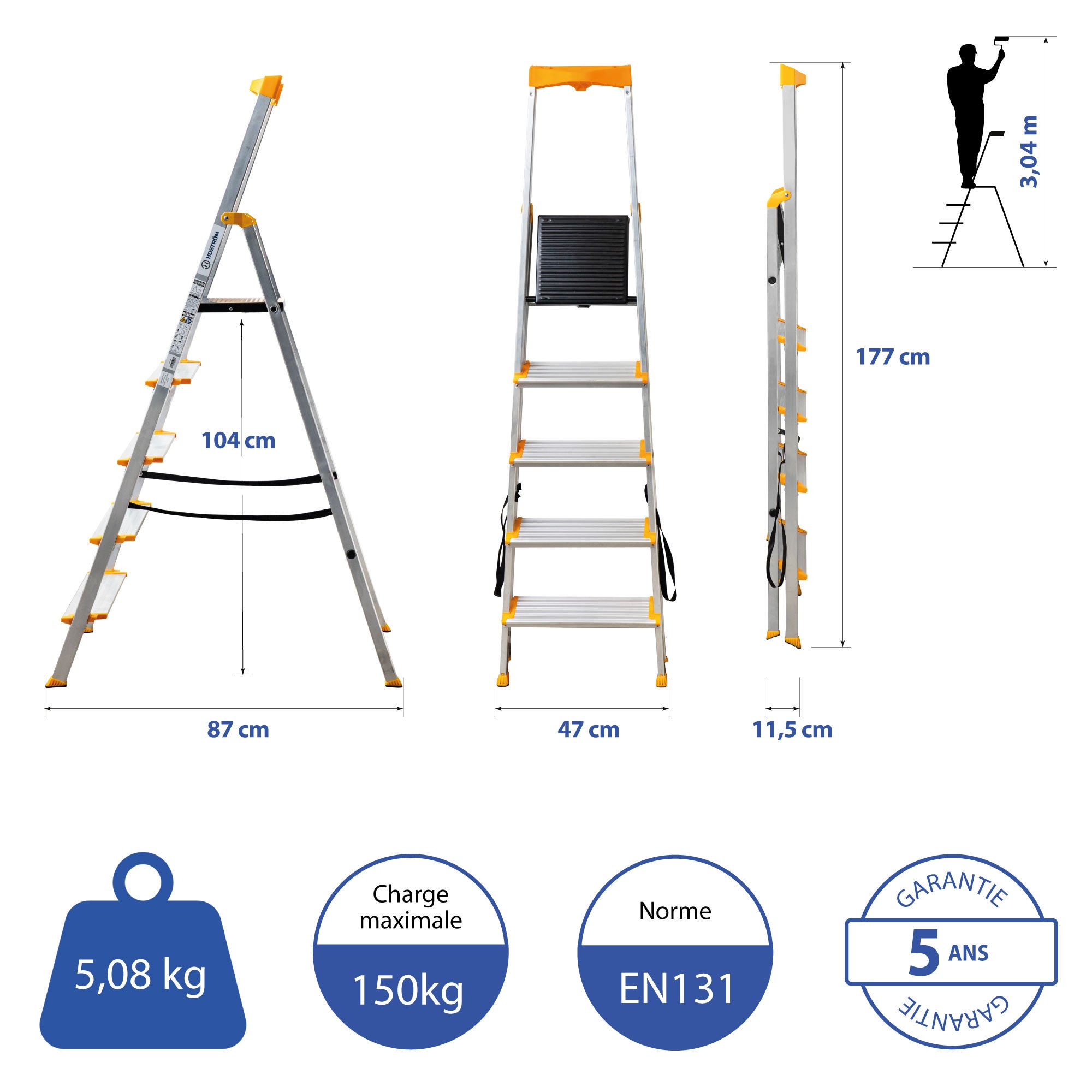 HOSTRÖM Escabeau 5 marches en aluminium, Marche pied pliable, Porte-Outils, Marches extra-large 12cm, Usage Domestique et Professionnel, Garantie 5ans - 5
