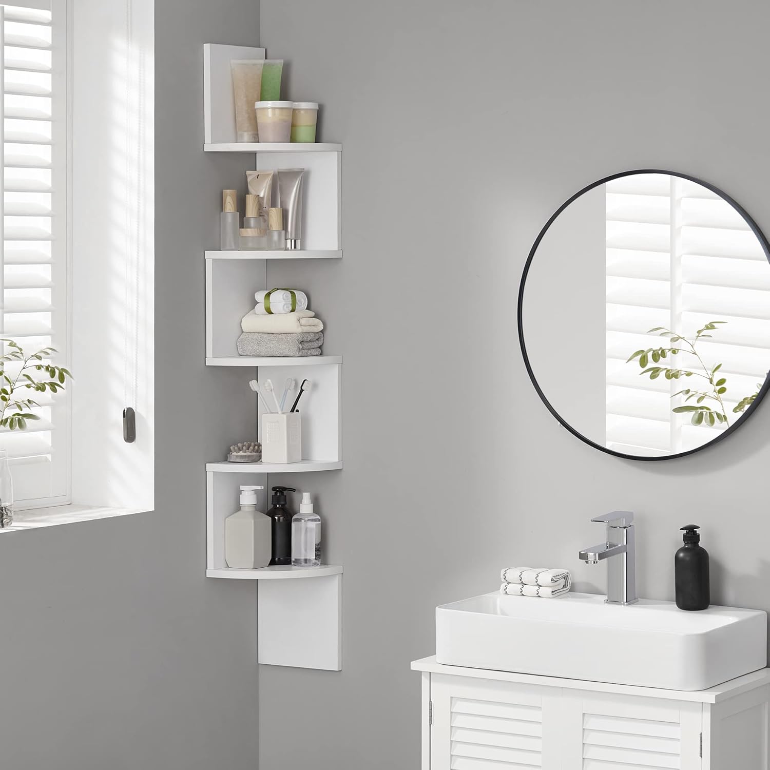 Libreria Angolare da Muro, Scaffale Parete 5 Ripiani, Porta Piante, Camera Soggiorno Bagno Studio, Bianco - 3