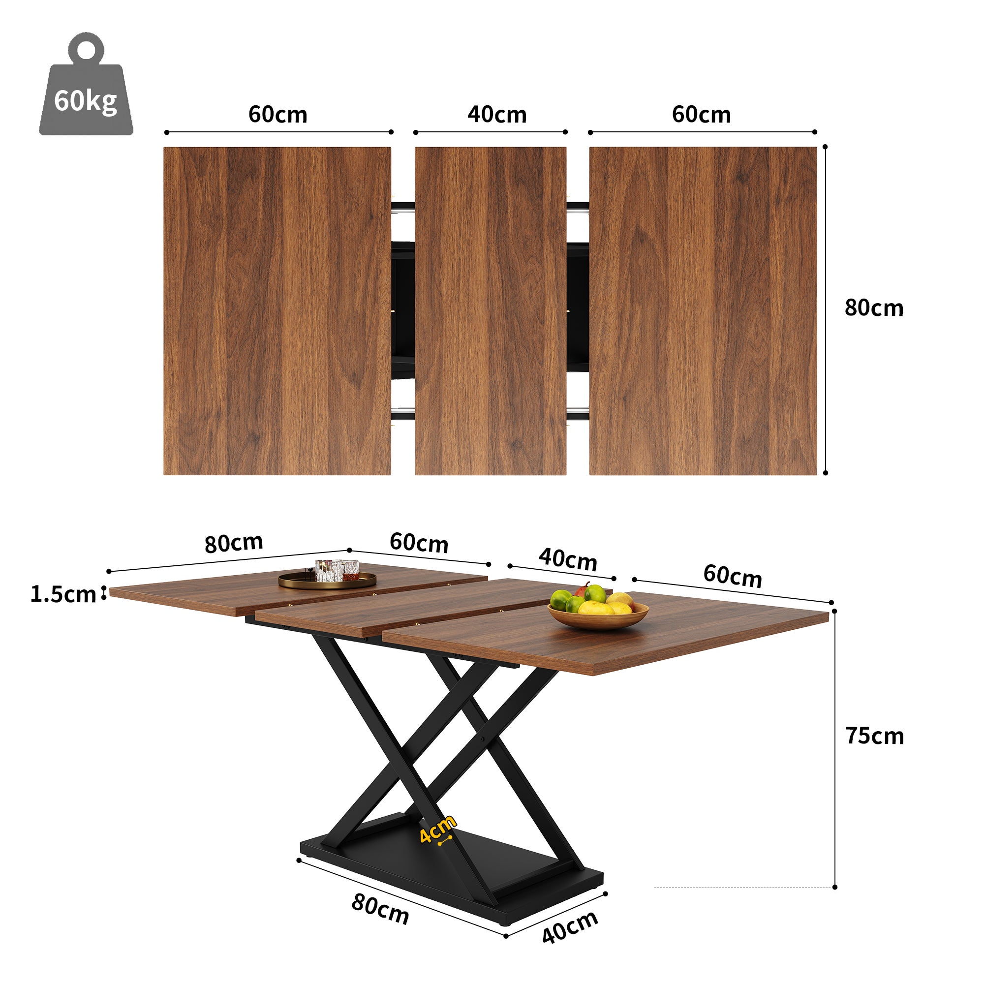 Rozkładany stół jadalny dla 4-6 osób - 120/160 x 80 x 75 cm - nogi z płyty MDF i metalu - kolor orzechowy - 5