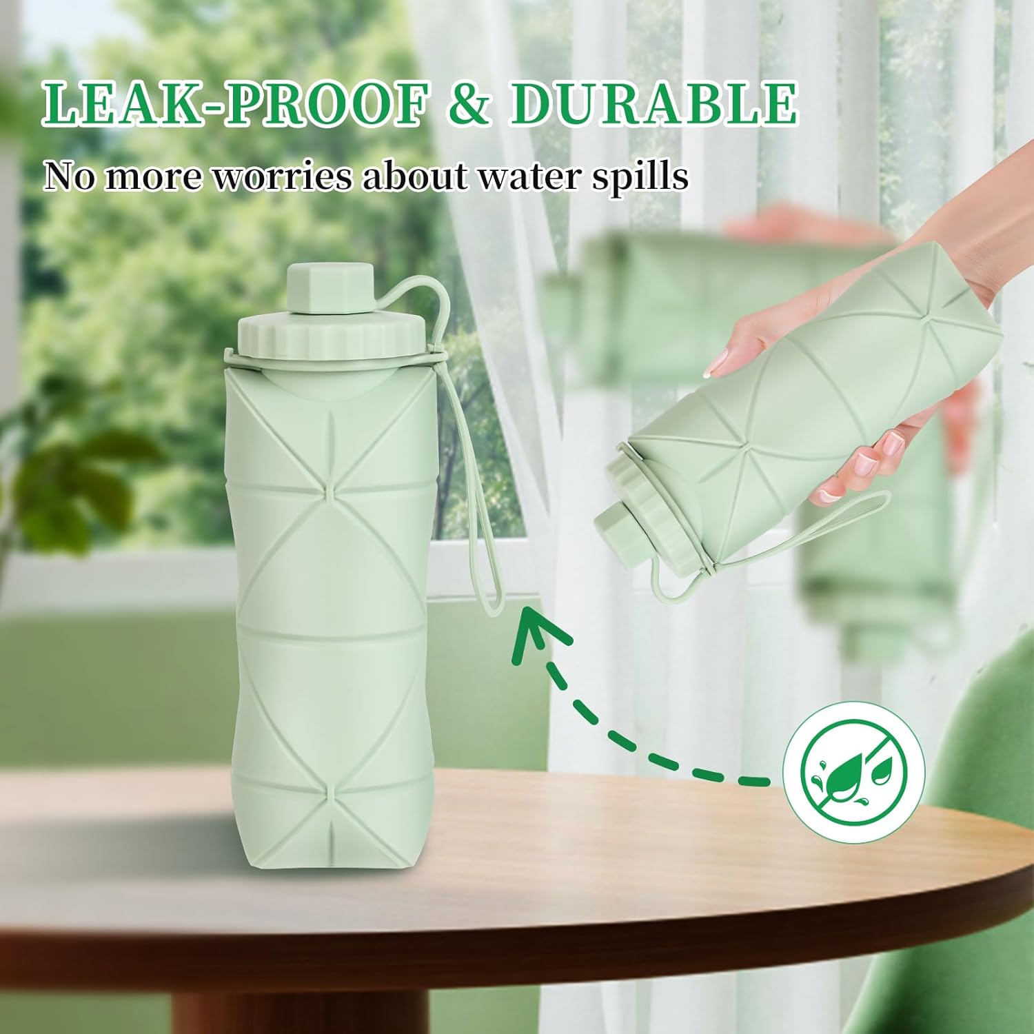 Gourde de voyage pliable en silicone 600 ml (20 oz), réutilisable, étanche, sans BPA, avec bandoulière, verte - 5
