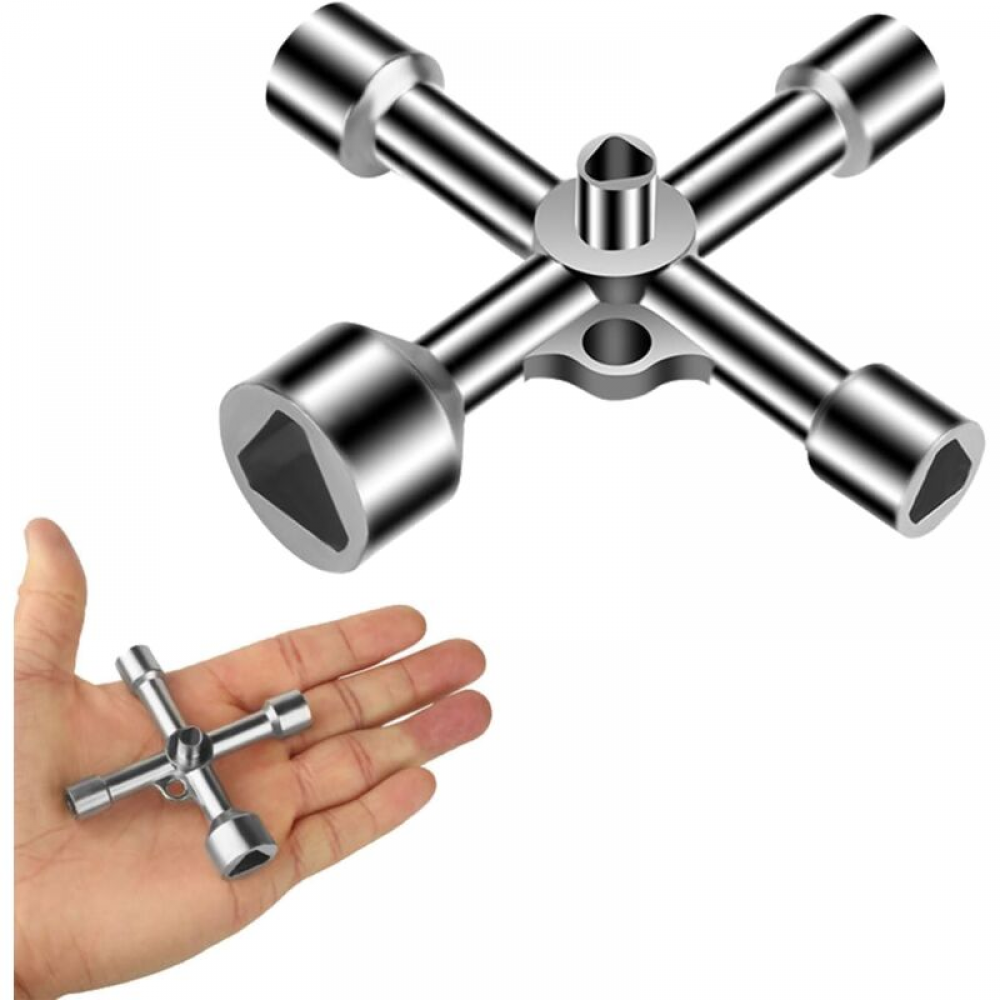 Klucz trójkątny 4-drożny, 5 rozmiarów, średnica wewnętrzna: 7 mm, 10 mm, 12 mm, 13 mm i 18 mm. Nadaje się do puszek elektrycznych.