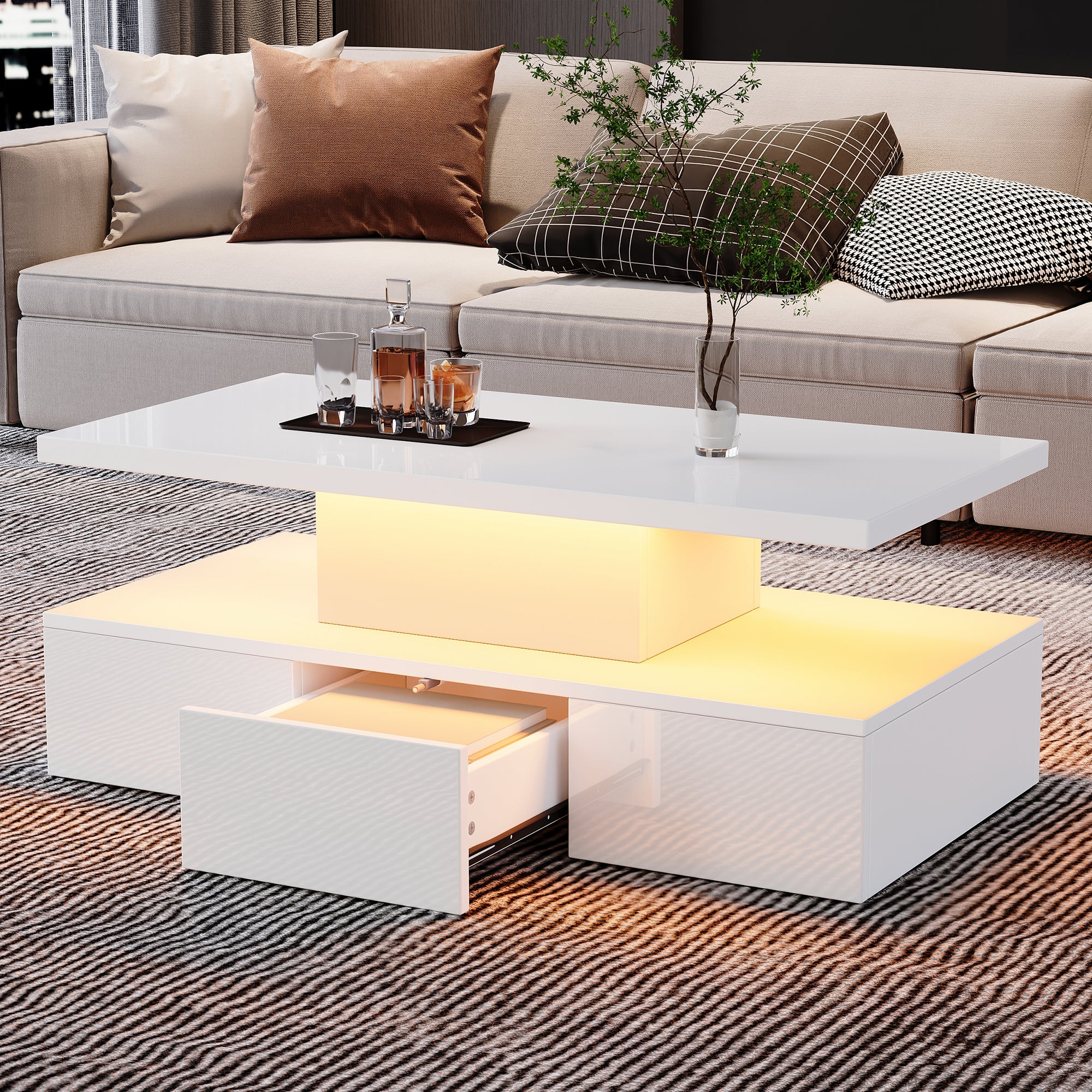 Stolik kawowy z 1 szufladą i półką - 100 x 50 x 39 cm - Diody LED - Płyta wiórowa - Biały