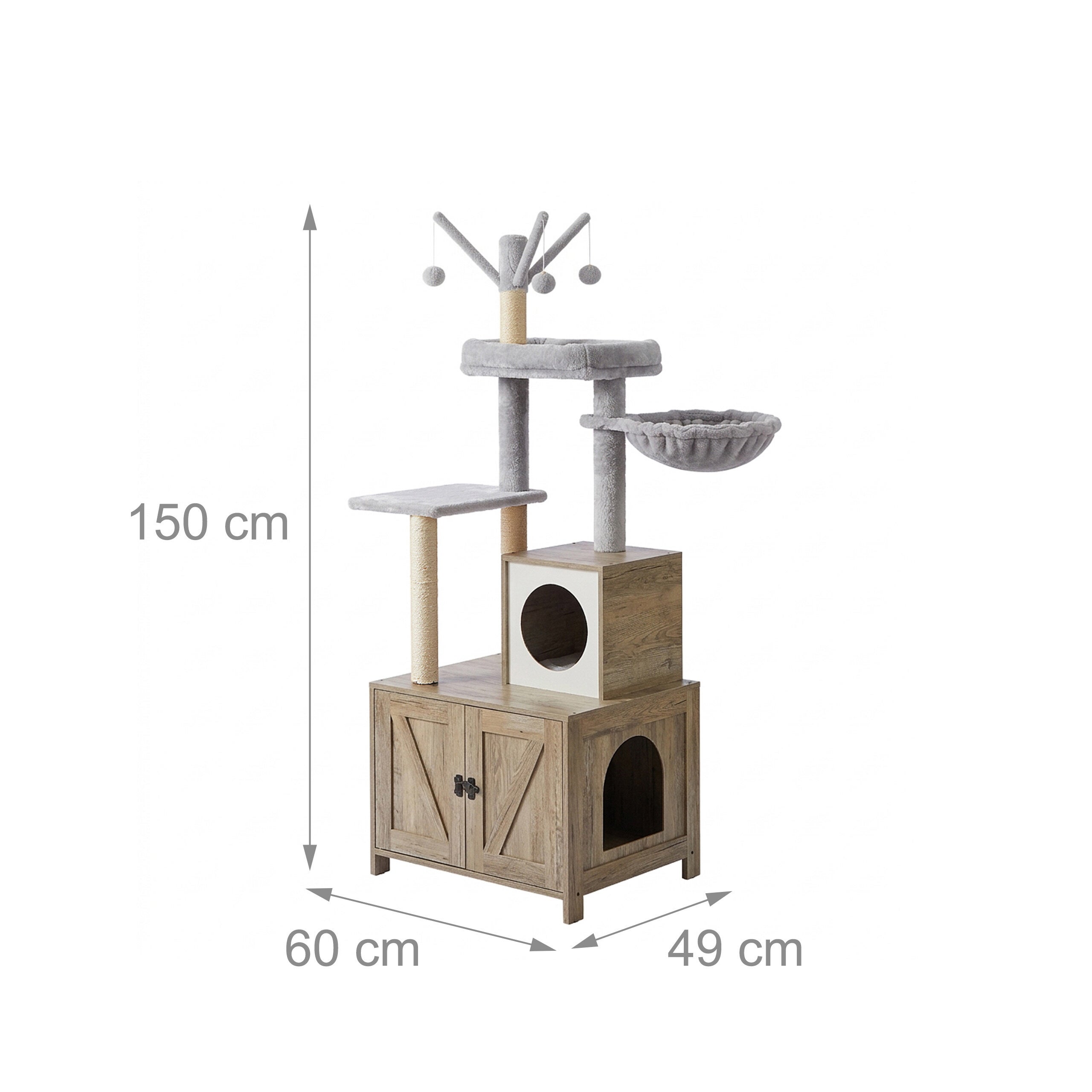 Árvore para gatos com armário para caixa de areia, 150 x 60 x 49 cm, postes de sisal e cama, efeito madeira branco, Relaxdays - 4