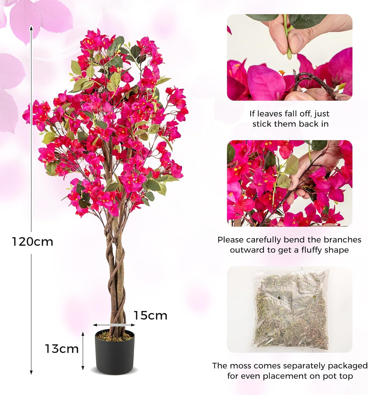 Bougainvillea artificiel de 120 cm de haut - Bougainvillier faux en pot avec fleurs ouvertes et branches réalistes - Plante décorative (rose) - 3
