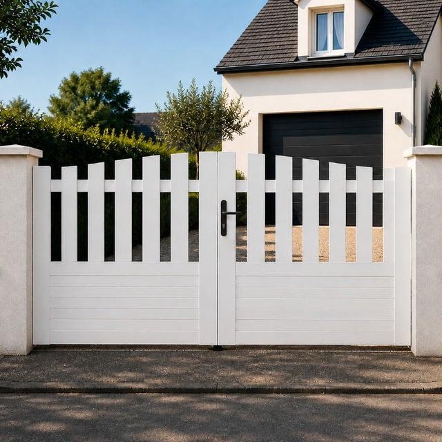 Portail battant manuel PVC blanc structure renforcée H 145 x L 350 cm ALENÇON chapeau de gendarme