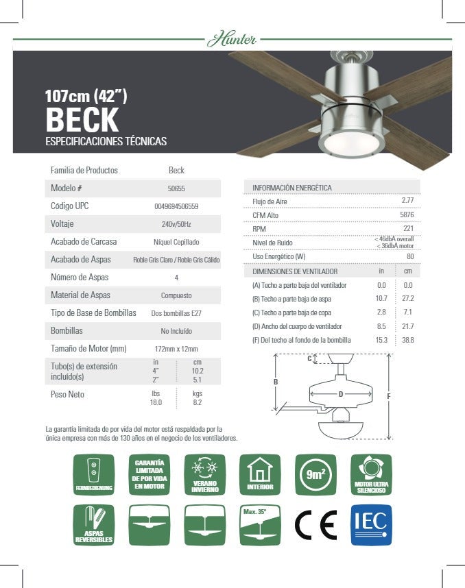 Ventilateur de plafond Beck 107 cm avec éclairage et télécommande - 7
