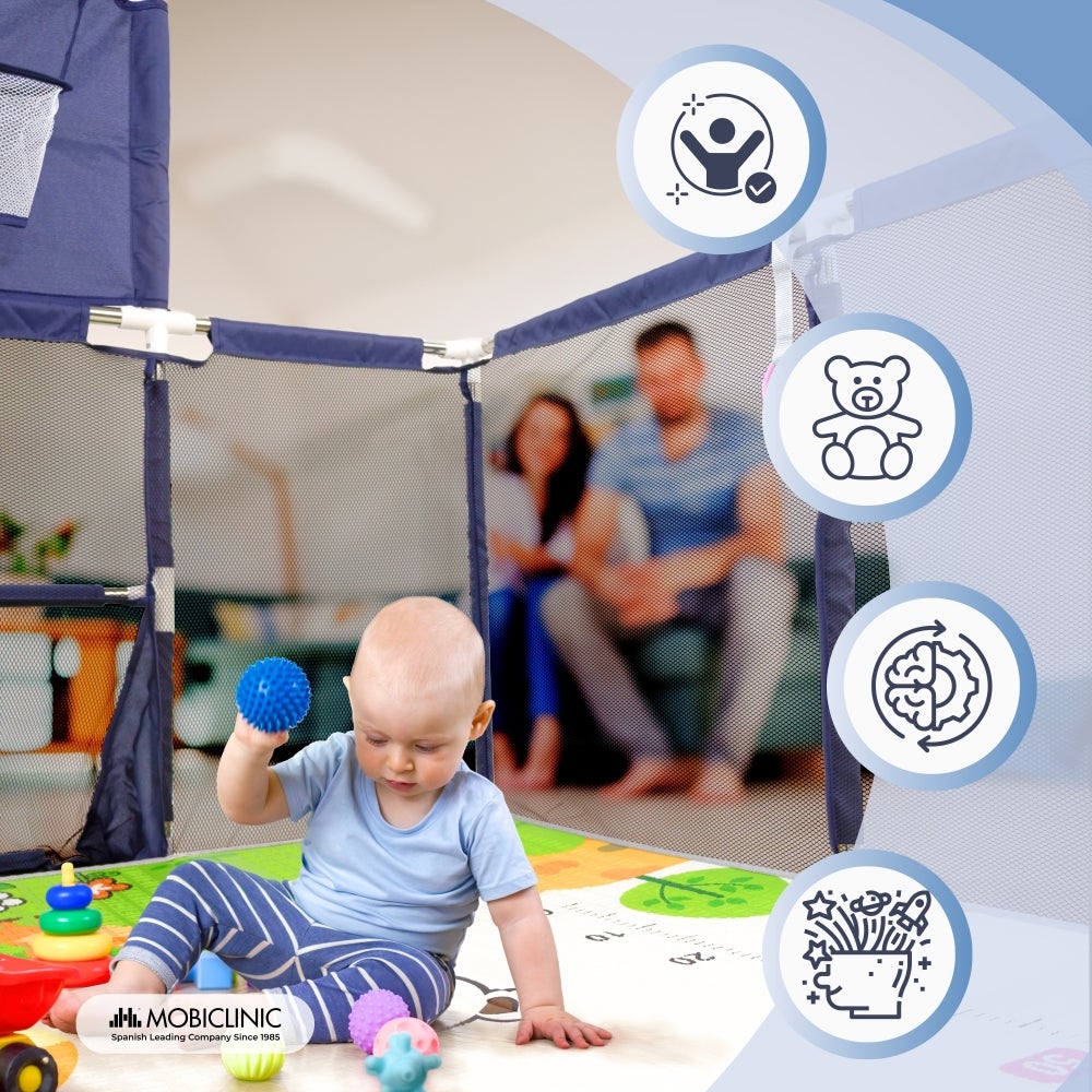 Parque infantil com tapete Mobiclinic Cercadinho bebé Tapete 128 x 233 cm Aros Cesto e rede de futebol Saco de transporte Kidland Azul - 7
